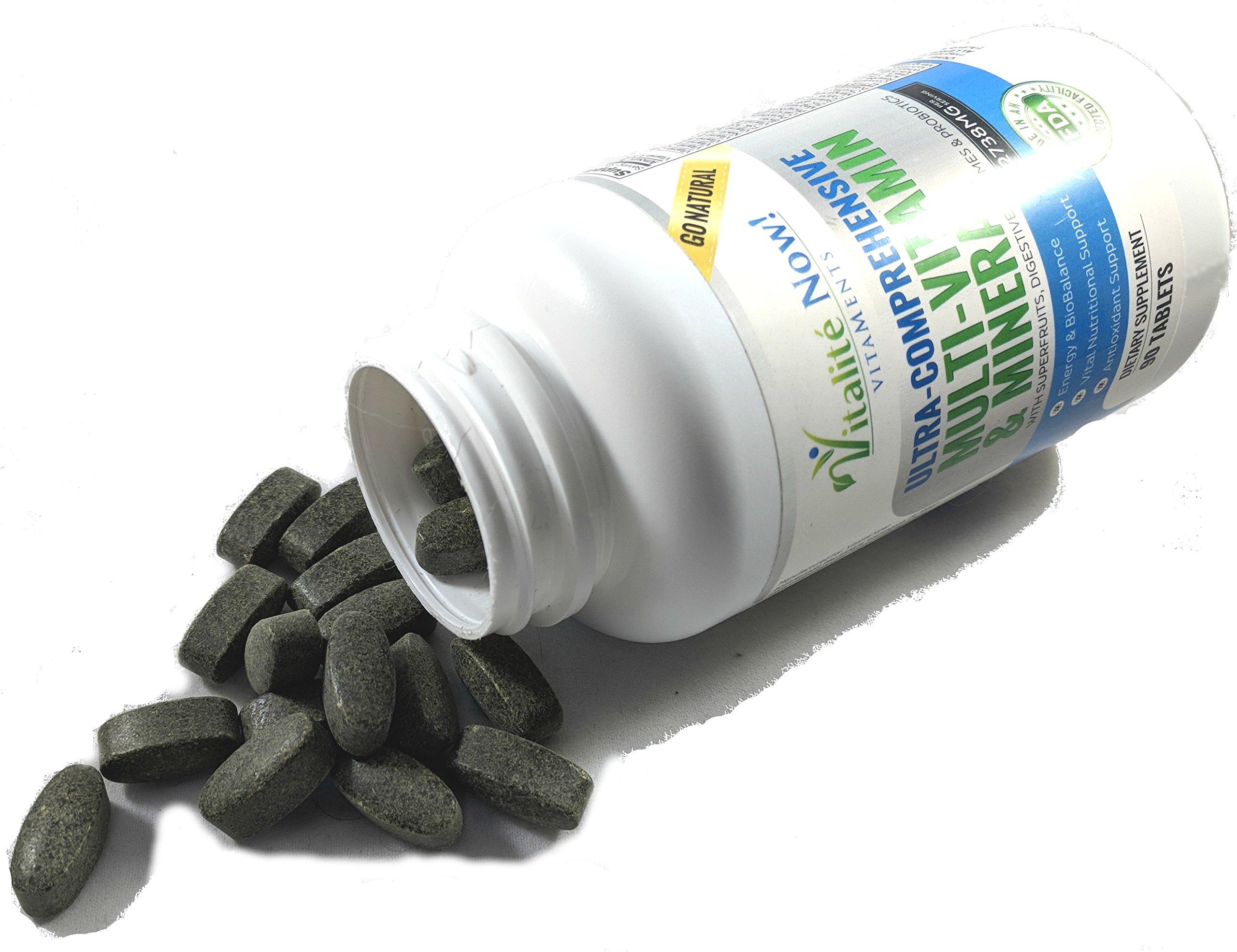 Vitalit Now! Vegan Whole Food Multivitamin & Mineral - Vitamins A B1 B2 B6 B12 C D3 E & 110 Super Foods, Herbs, Greens & Reds - Enzymes & Probiotics for Immune Support - Energy Boost - 90 Tablets