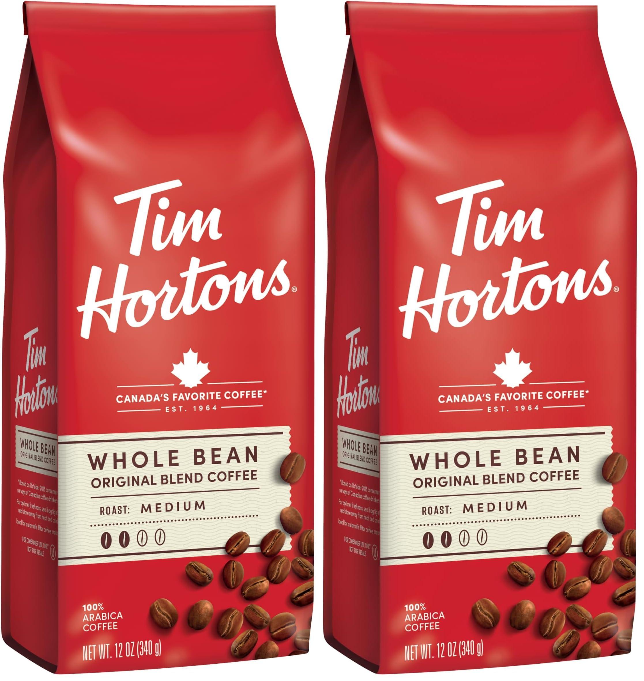Tim Hortons Tim Hortons Whole Bean Original, Medium Roast Coffee, Made with 100% Arabica Beans, 32 Ounce Bag (Pack of 2)