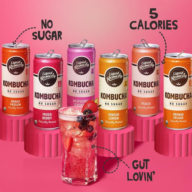 REMEDY Kombucha Liquid Remedy Kombucha Sugar Free Organic Drink, Low Calorie, Probiotic Like Tea for Gut Health - Super Sampler Variety Pack - 8.5 Fl Oz Can, 24-Pack