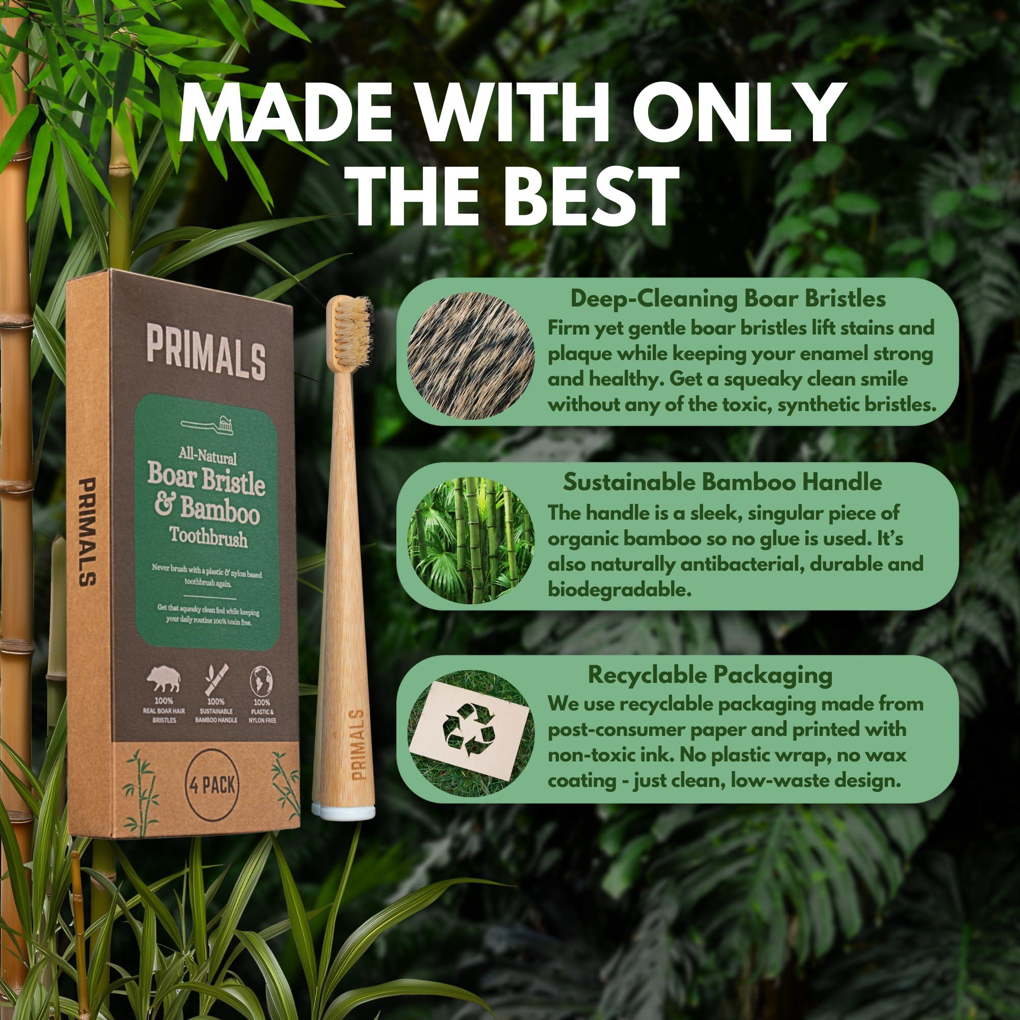 PRIMALS PRIMALS Boar Bristle & Bamboo Toothbrush (4-Pack) - Premium Boar Bristles - Fully Biodegradable - Plastic & Nylon Free - Quick Dry Design