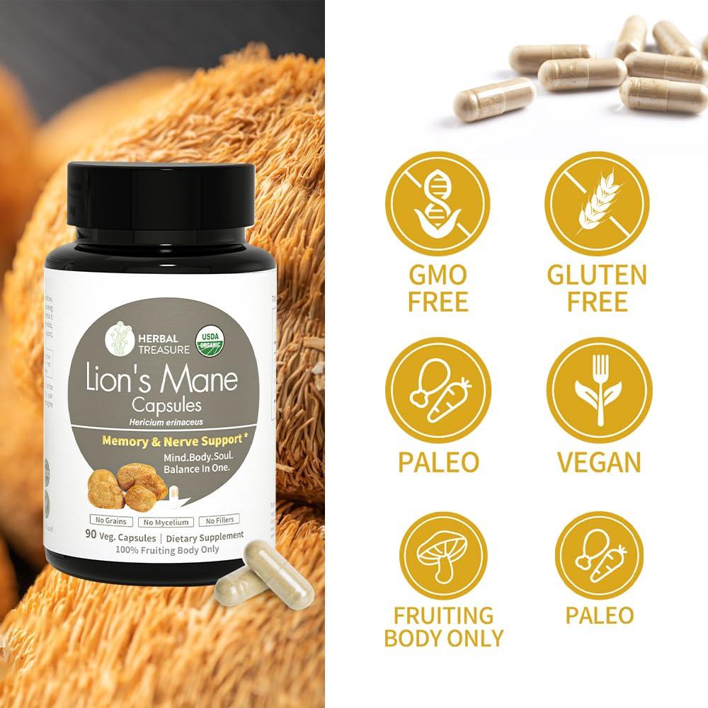 WL Herbal Treasure Herbal Treasure Lions Mane Supplement Capsules, Made with Organic Lions Mane Powder for Mental Clarity and Focus Supplements, 800mg Lions Mane Powder Organic Organic Mushroom Supplement 90 Caps
