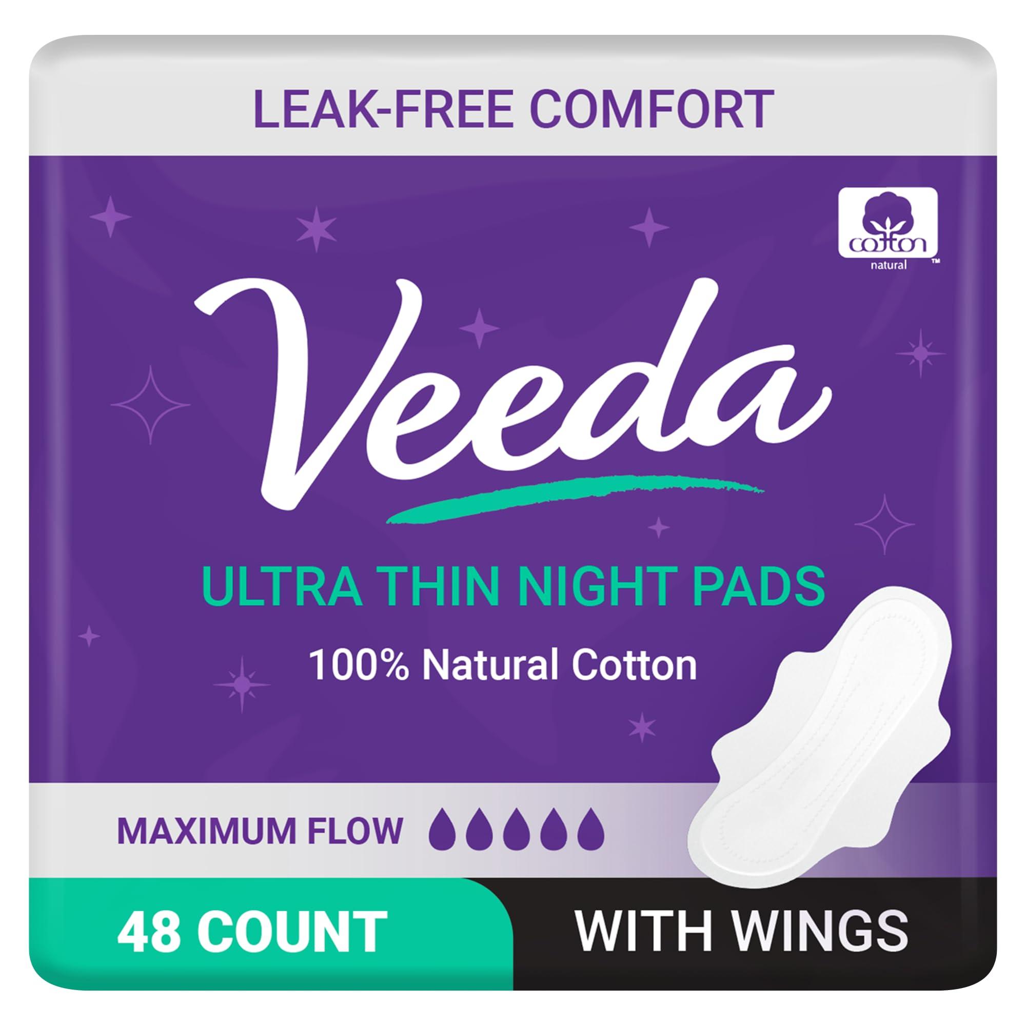 Veeda Veeda Ultra Thin Night Pads for Women - Super Absorbent Overnight Pads with Wings - Feminine Pads with Overnight Absorbency - Unscented & Chlorine Free Sanitary Napkins - 48 Count