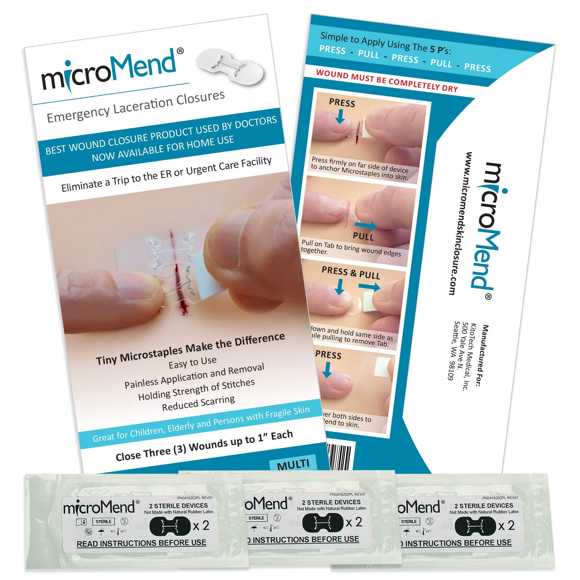 microMend microMend Emergency Wound Closures Surgical Quality Laceration Repair Without Stitches - Think Ahead - Be Prepared - Add to Your Survival Kit, Camping Gear (Multi Pack - 3 Packs of 2 Medium Devices)