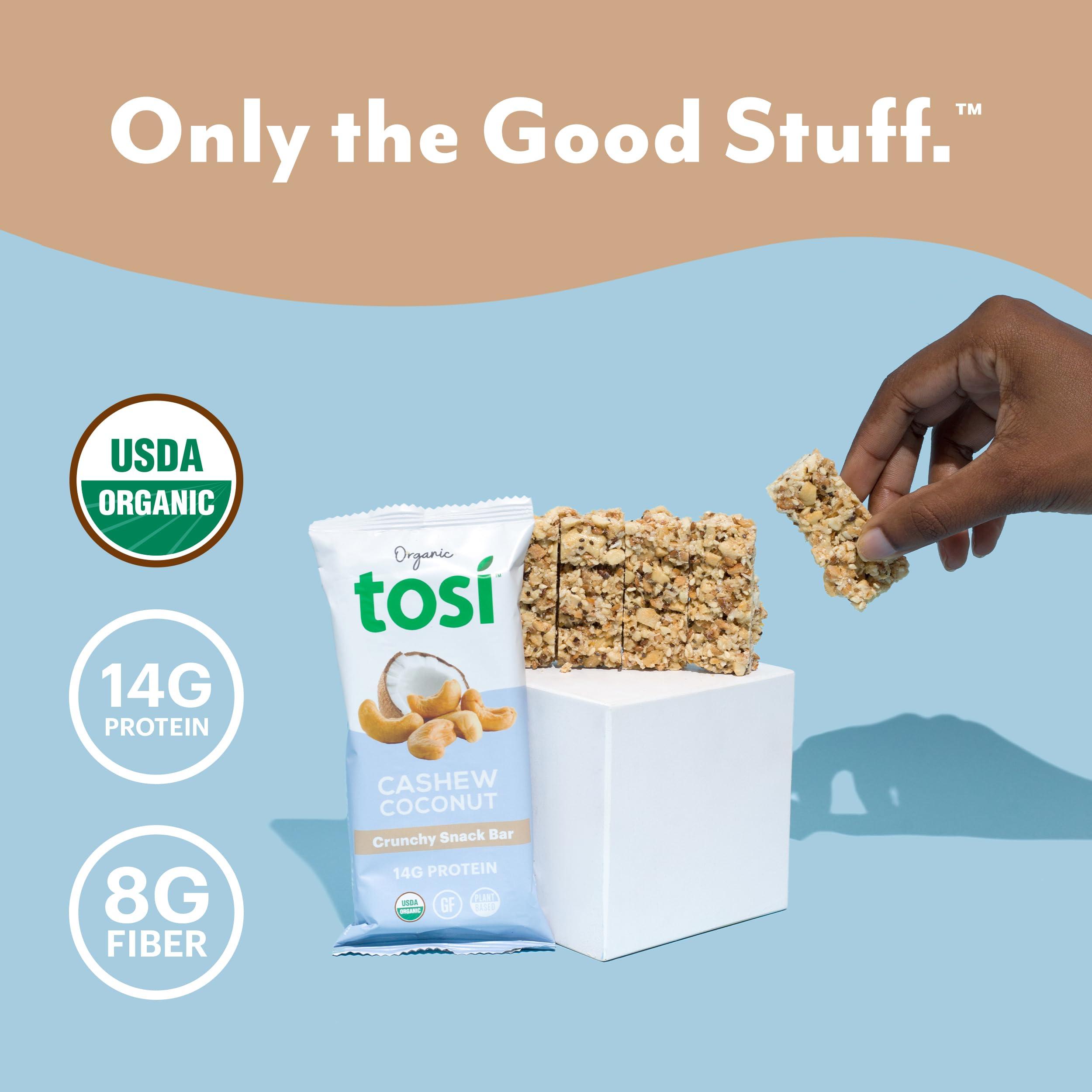 Tosi Tosi Cashew Coconut Protein Bars, Plant Based with Nuts, Gluten-Free Crunchy Snacks, Vegan, Organic, Flax & Chia Seeds, Soy-Free, Omega 3s, 14G Protein, 2.4 oz, 12-Pack