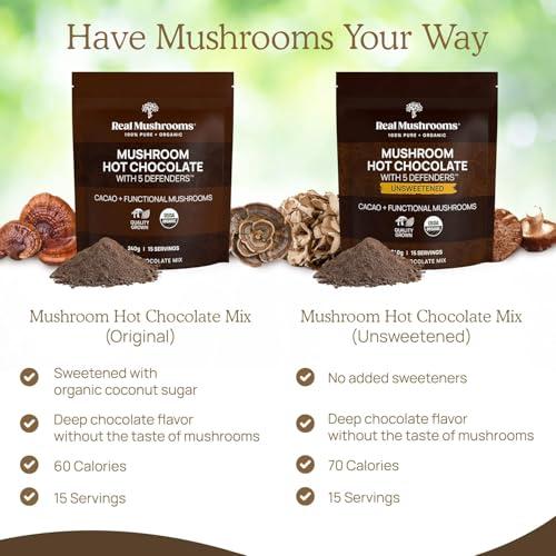 Real Mushrooms Real Mushrooms Organic Hot Chocolate Mix with 5 Defenders Turkey Tail, Chaga, Maitake, Shiitake, Reishi Mushroom - Cacao Powder Vegan Supplement, Gluten-Free, 15 Servings