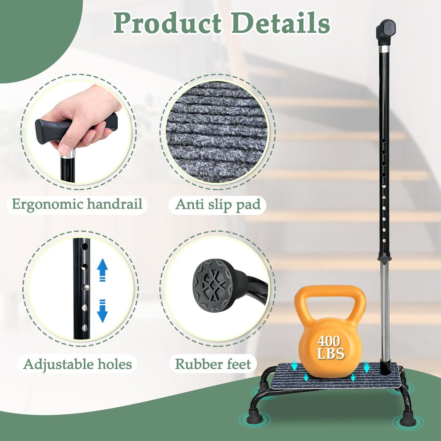 POWYS Stair Climbing Cane Lifts Assist Cane for Seniors Elderly Half Step Stairway Aid Walking Sticks Adjustable Mobility Helper Balance Devices 4 Prong Quad Widen Anti-Slip Base Seat Walker