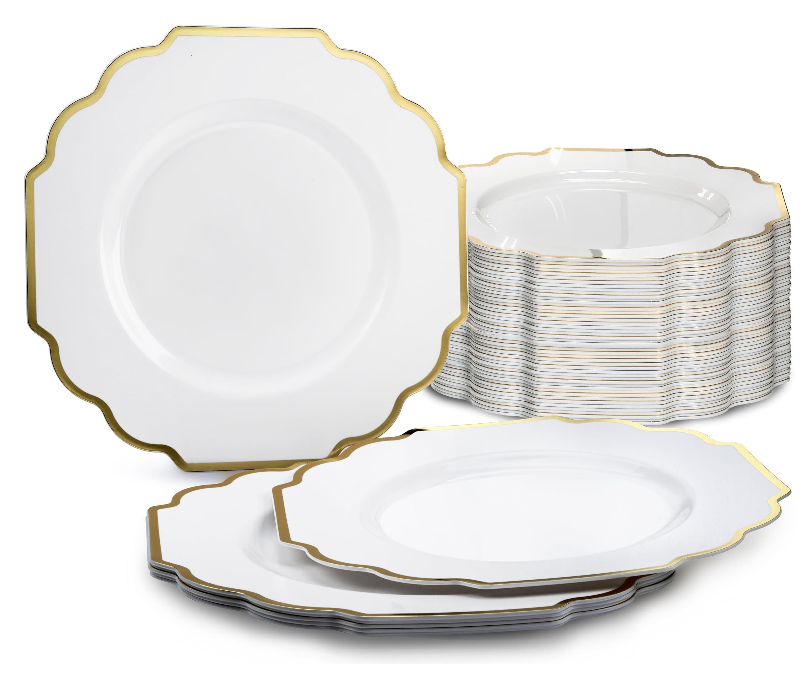 OCCASIONS FINEST PLASTIC TABLEWARE " OCCASIONS " 120 Plates Pack, Heavyweight Disposable Wedding Party Plastic Plates (8'' Appetizer/Dessert PlateImperial in White & Gold)