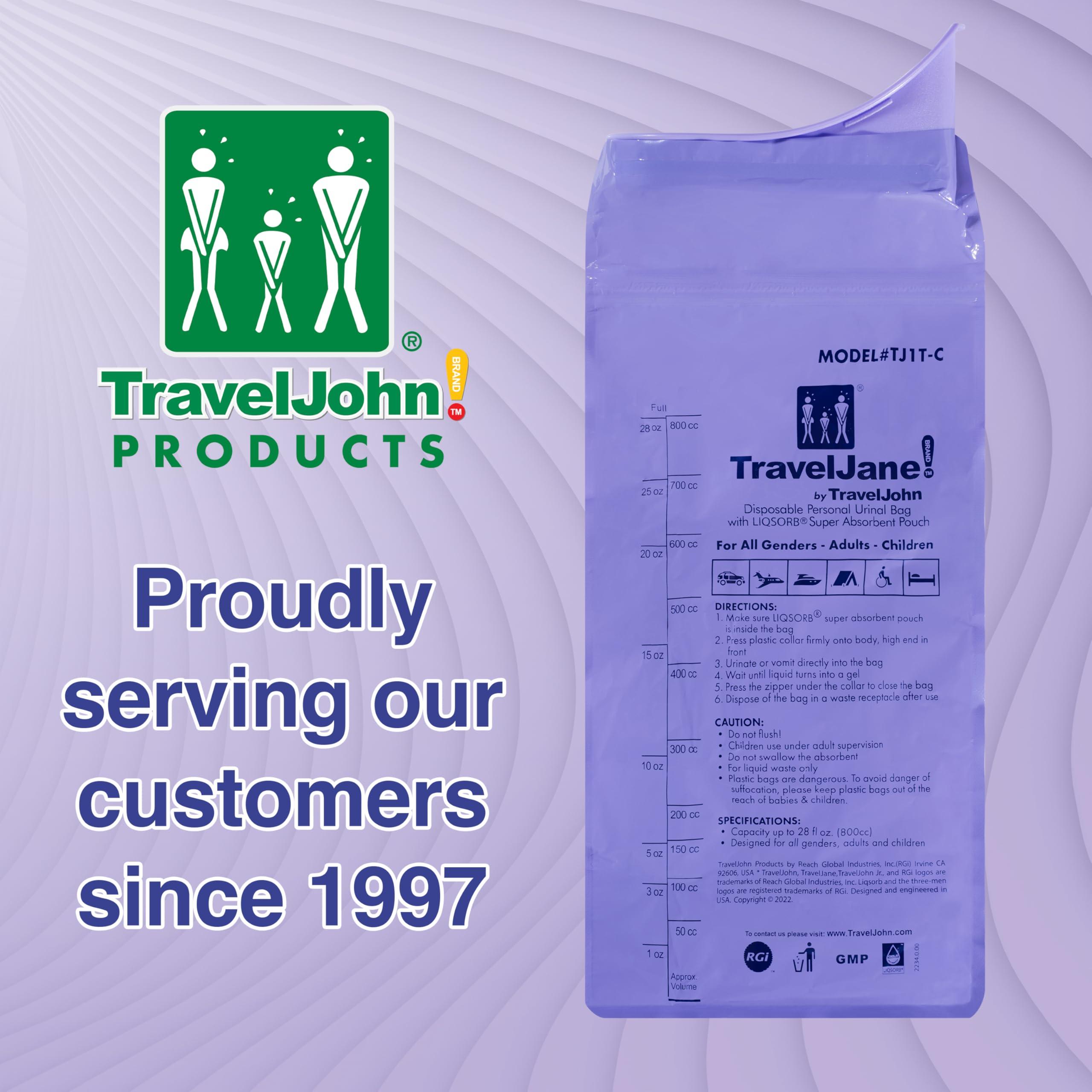 TravelJohn TravelJane Resealable Disposable Urinal for All Genders, Adults, and Children (6 Pack) Designed for Emergencies, Travel, Camping, Long Car Rides and More - 28oz/800ml Capacity (TJ1T-C)