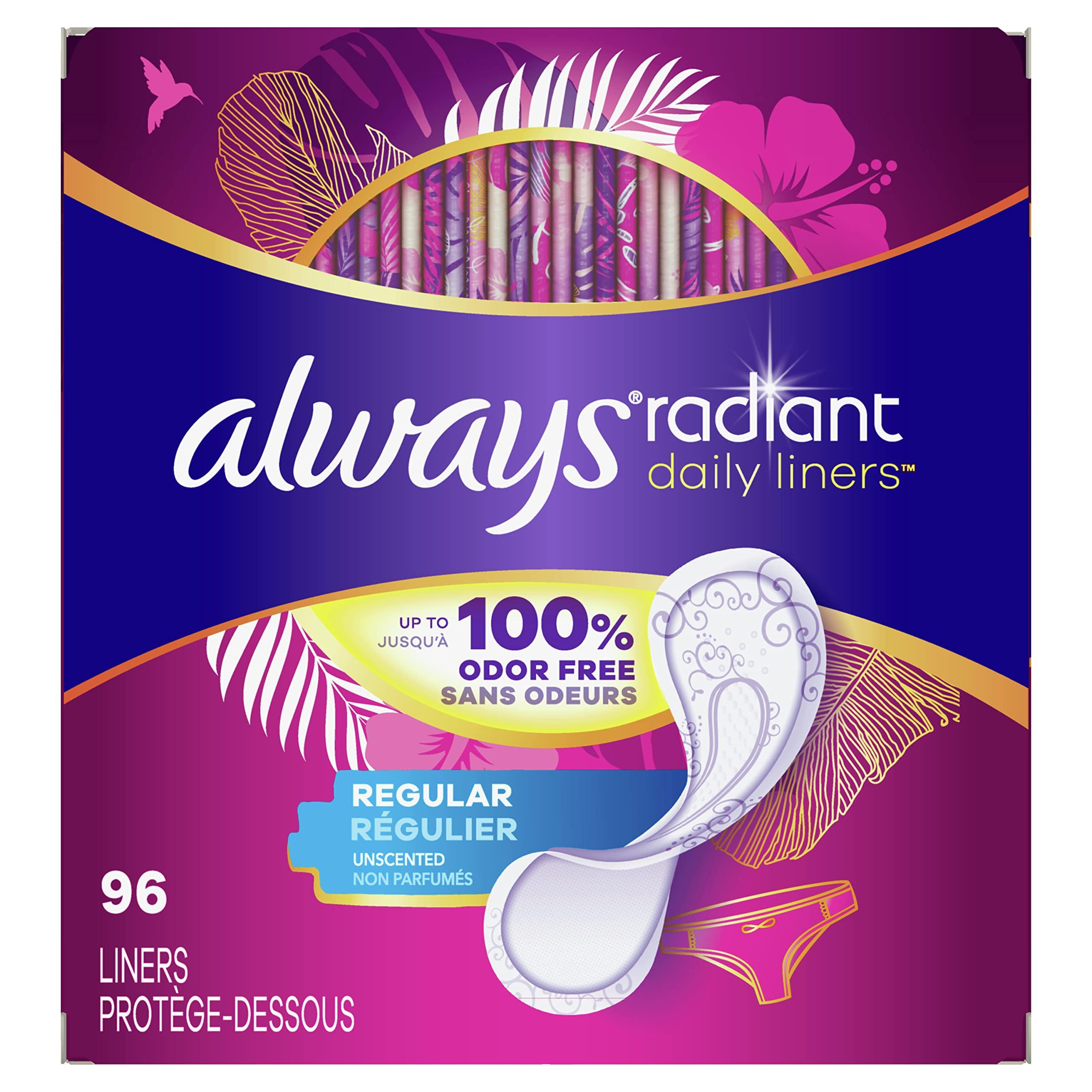 Always Always Radiant Liners, Unscented, 96 Count,Pack of 4 (Total 384 Count) (Packaging May Vary)