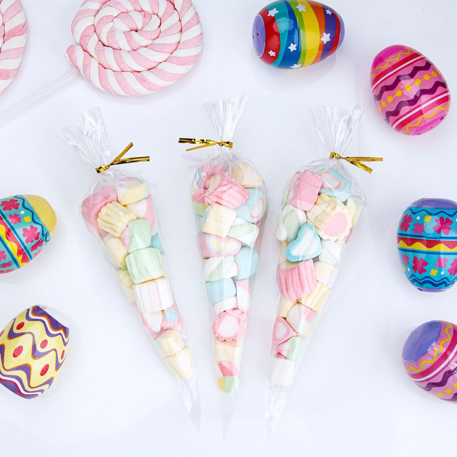 Awpeye Awpeye 200PCS Cone Cellophane Bags 5.12x9.84 Inches Plastic Cone Bags Clear Cone Shaped Treat Bags with 200PCS Gold Twist Ties