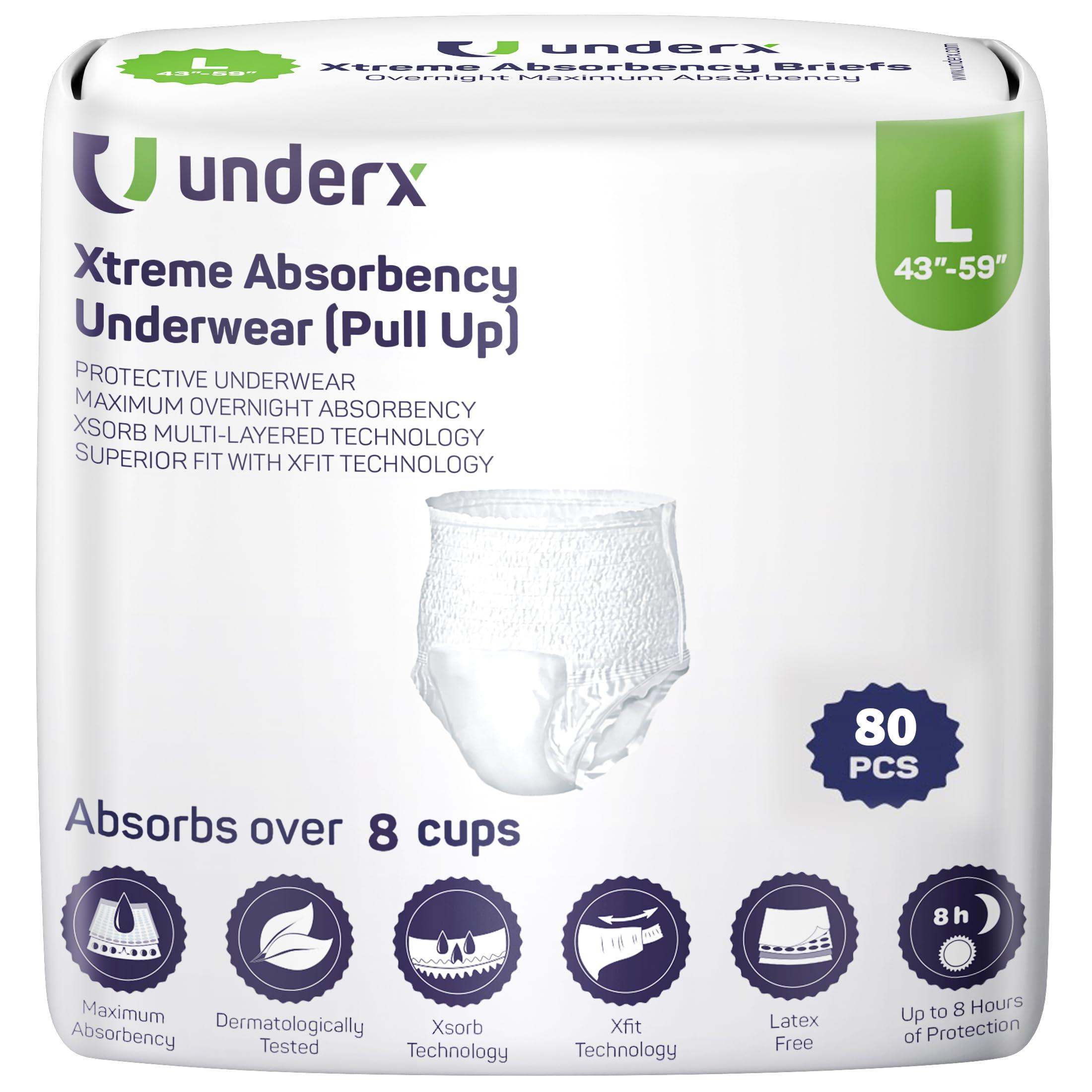 Underx UnderX Adult Disposable Incontinence Underwear Maximum Absorbency Pull Ups, Absorbs 8 Cups of Liquid, Overnight Pullups Comfort, Leak Protection, Soft Latex-Free Diaper (Large, 80 Count)