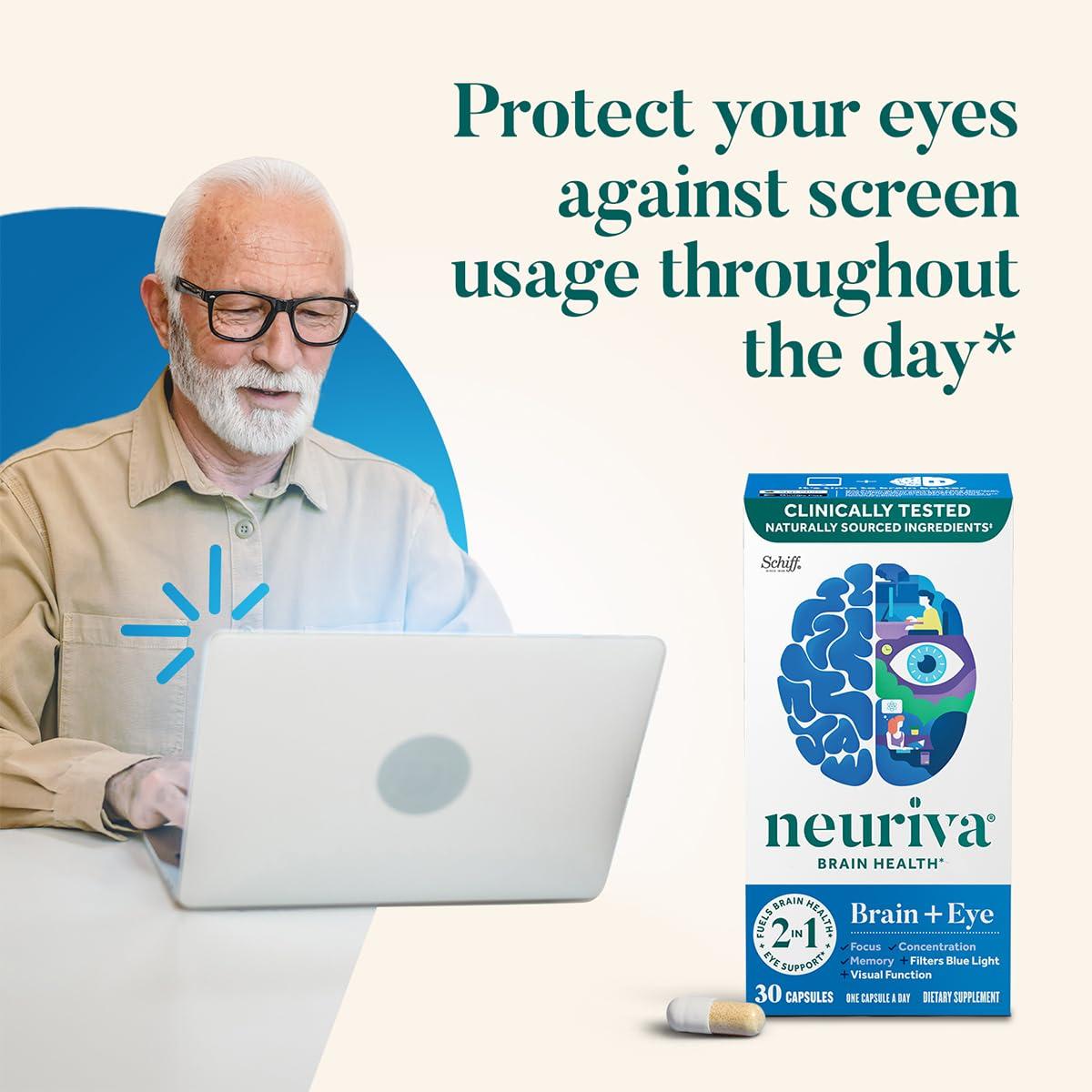 NEURIVA NEURIVA Brain + Eye Supplement for Memory, Focus & Concentration with Clinically Tested Lutein and Zeaxanthin, Vitamins A C & E + Zinc for Eye Health & Filter Blue Light 30 Count Capsules (2 Pack)