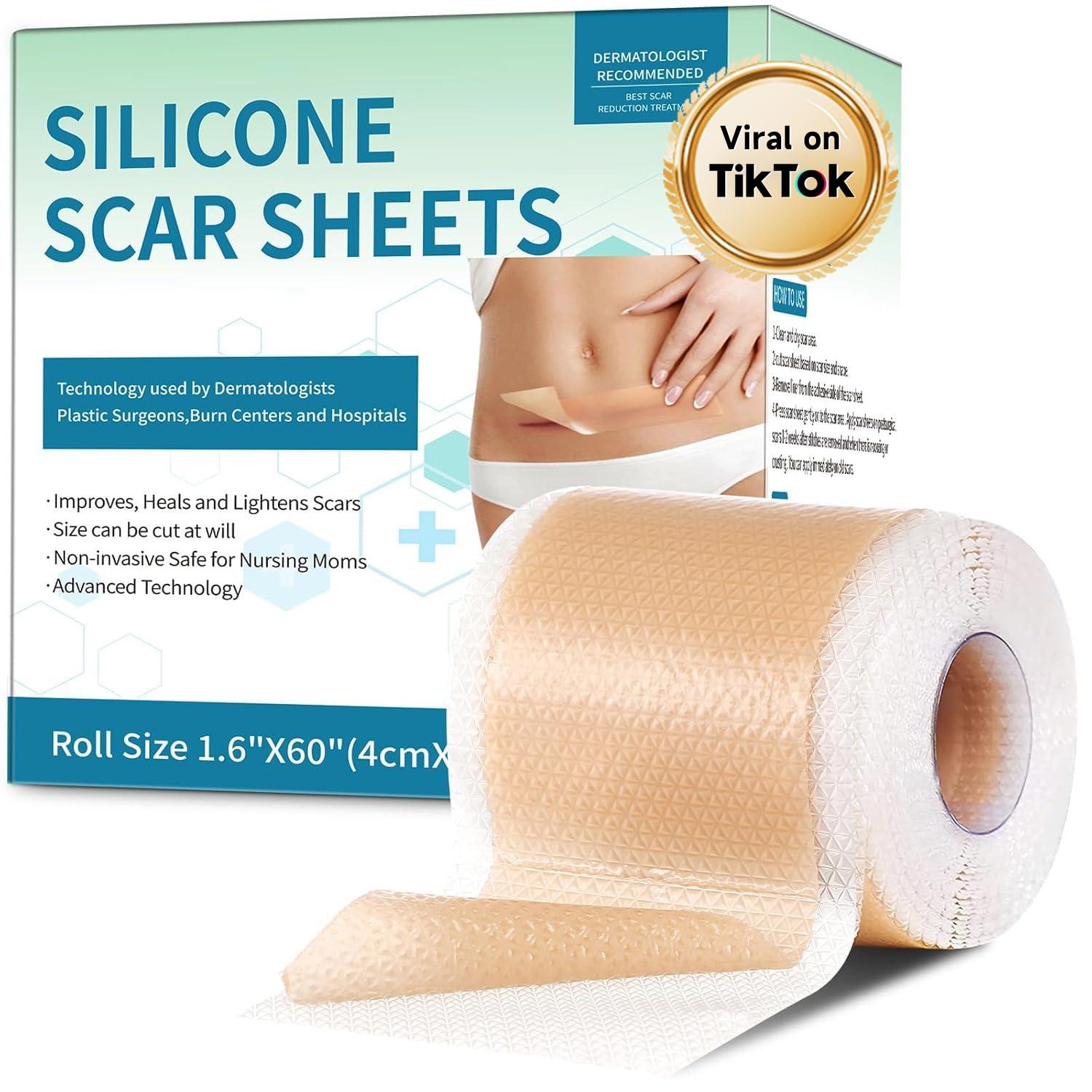 Rvlaim Silicone Scar Sheets, Silicone Scar Tape(1.6x 60 Roll-1.5M), Silicone Scar Strips, Professional Scar Removal Sheets for Surgical Scars, Keloid, C-Section, Burn et