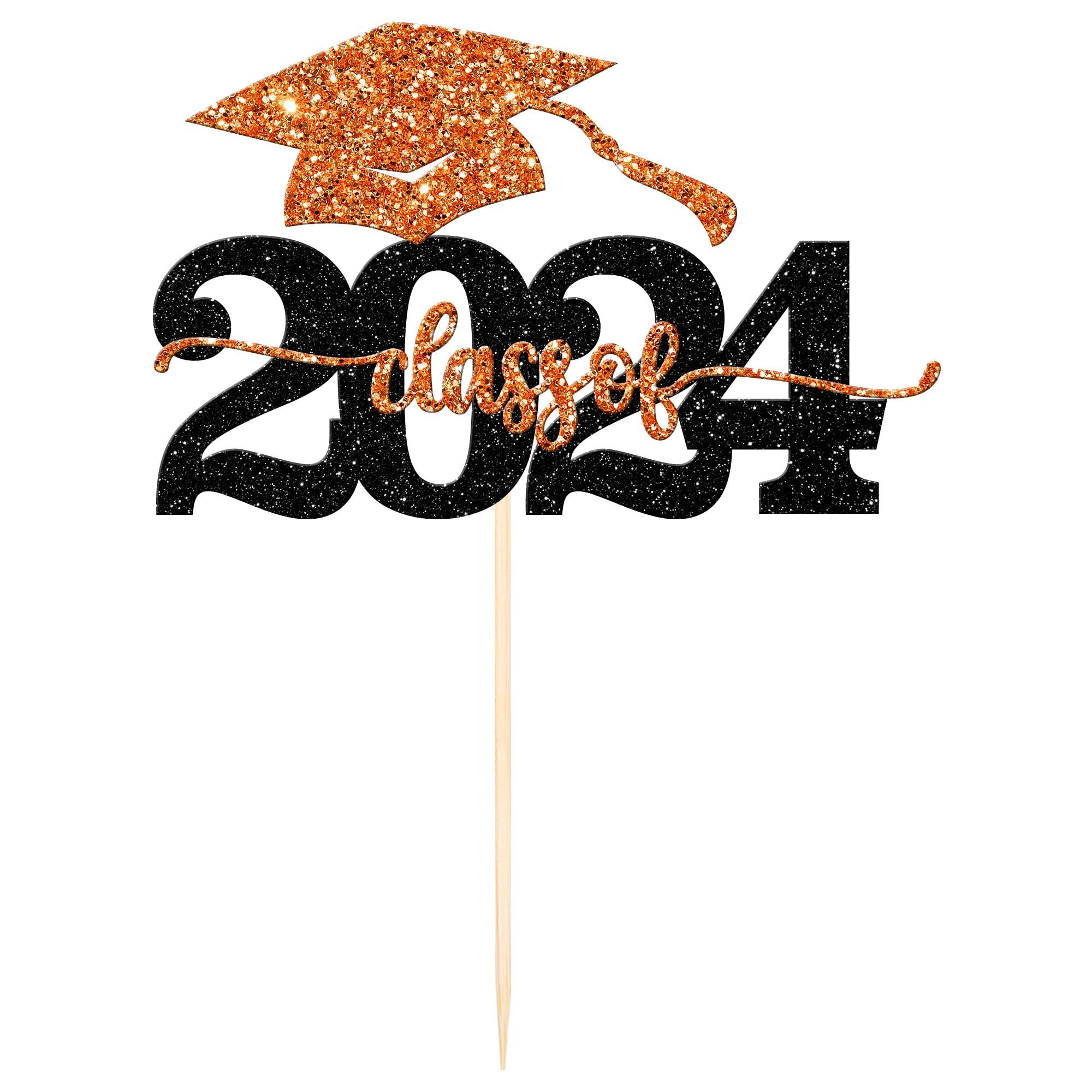 ZHUOWEISM 1 PCS Class of 2024 Cake Topper Black Glitter 2024 Graduation Cake Pick Congrats Grad Cap 2024 Cake Decoration for 2024 College Graduation Theme Party Decorations Supplies Orange
