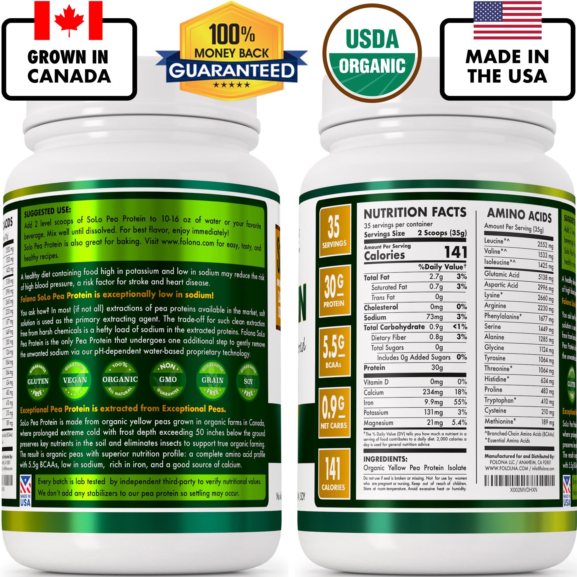 FOLONA SOLO Organic Pea Protein Powder, Low in Sodium, Canada Grown Peas, 100% Vegan, Non-GMO, Unflavored Plant Based Protein Powder with BCAA, Keto & Paleo Friendly, Easy to Digest, No Additives (2.7 lbs)