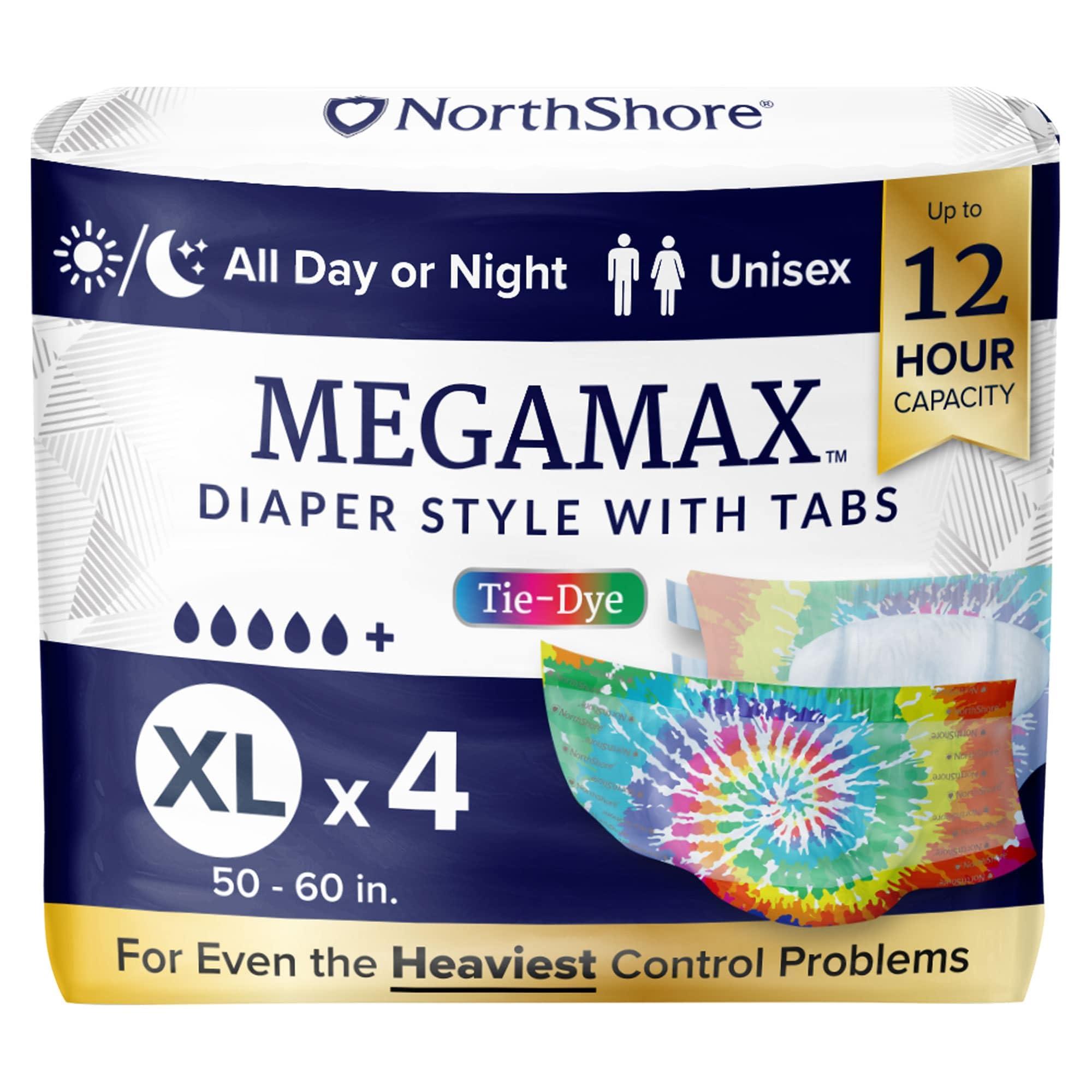 NorthShore NorthShore MegaMax Adult Overnight Diapers, 12-Hour Tab-Style, X-Large, 4 Count Trial, Tie-Dye, 50-60 inches, Unisex Incontinence Underwear