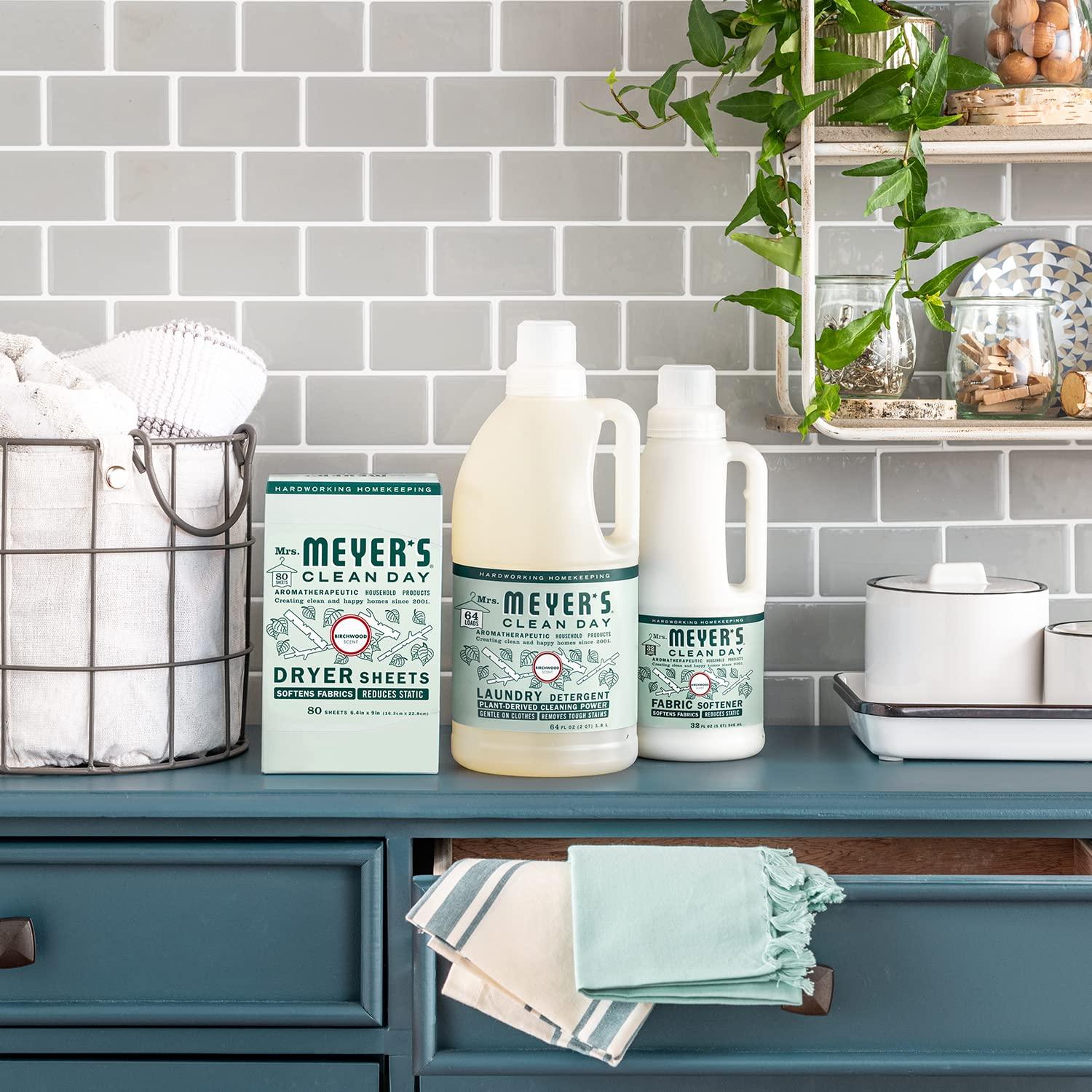 Mrs. MEYER'S MRS. MEYER'S CLEAN DAY Dryer Sheets, Fabric Softener, Reduces Static, Infused with Essential Oils, Birchwood, 80 Count