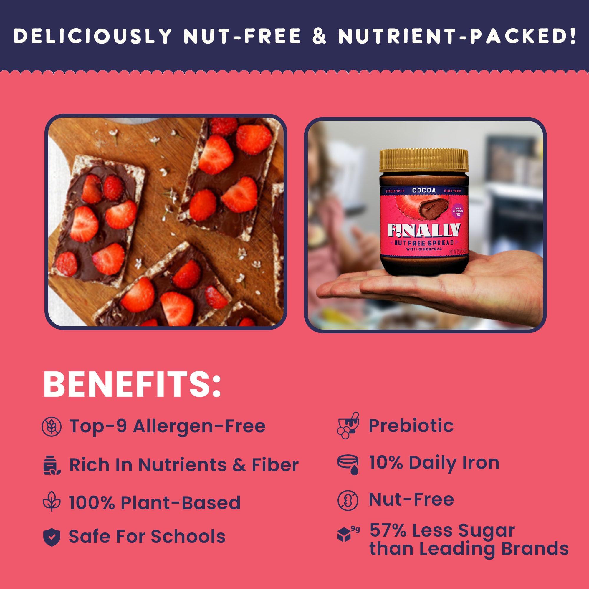Finally! Finally Nut-Free Cocoa Spread | Allergen-Free Chocolate Spread with 50% Less Sugar than Leading Brands | Made with Chickpeas | Nut-Free, Plant-Based, Vegan | Gluten-Free, Dairy-Free, Soy-Free | School-Safe | 3g Protein | 12 oz