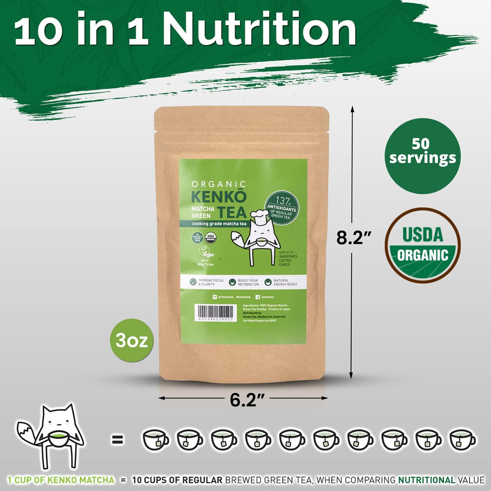 Kenko Tea Matcha Green Kenko Matcha Green Tea Powder [USDA Organic] Culinary Grade Matcha Powder for Lattes, Smoothies and Baking [100g Bag = 50 Servings]
