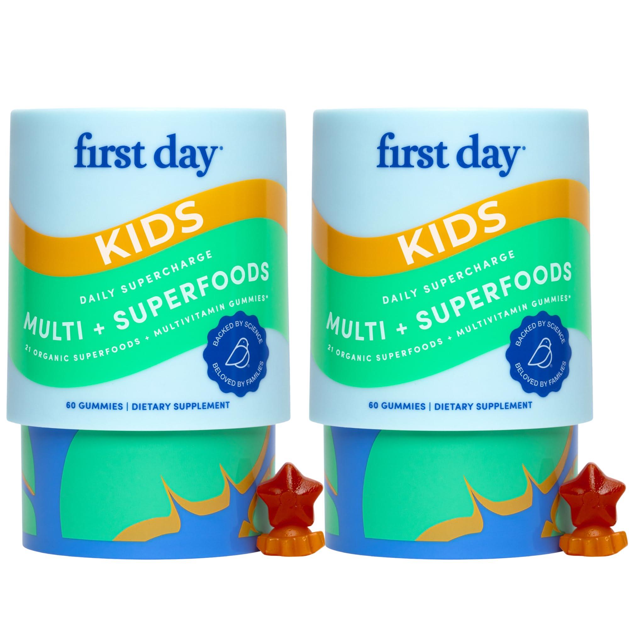FIRST DAY FIRST DAY Kids Essential Multivitamin Gummies, Vitamin A, D3, B6, B12, C, K2 & More + Organic Fruits & Veggies for Growth, Brain, Immunity. Natural Strawberry & Orange Flavor, Low Sugar. 60-Day Supply