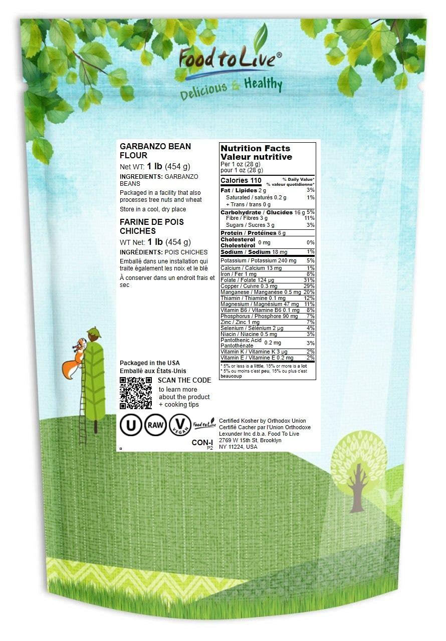 Food to Live Food to Live Garbanzo Bean Flour, 1 Pound Finely Milled Chickpea Flour, Raw, Vegan, Kosher, Bulk, Good Source of Protein, Fiber, Folate, and Copper. Great for Cooking and Baking. Made in USA