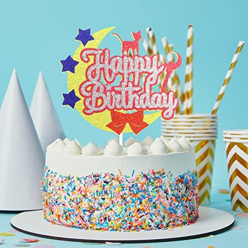 Caiwowo Moon Cat Happy Birthday Cake Topper - Moon Girls Sailor Birthday Party Glitter Cute Cat Cake Supplies - Pink Girl Happy Birthday Party Decoration