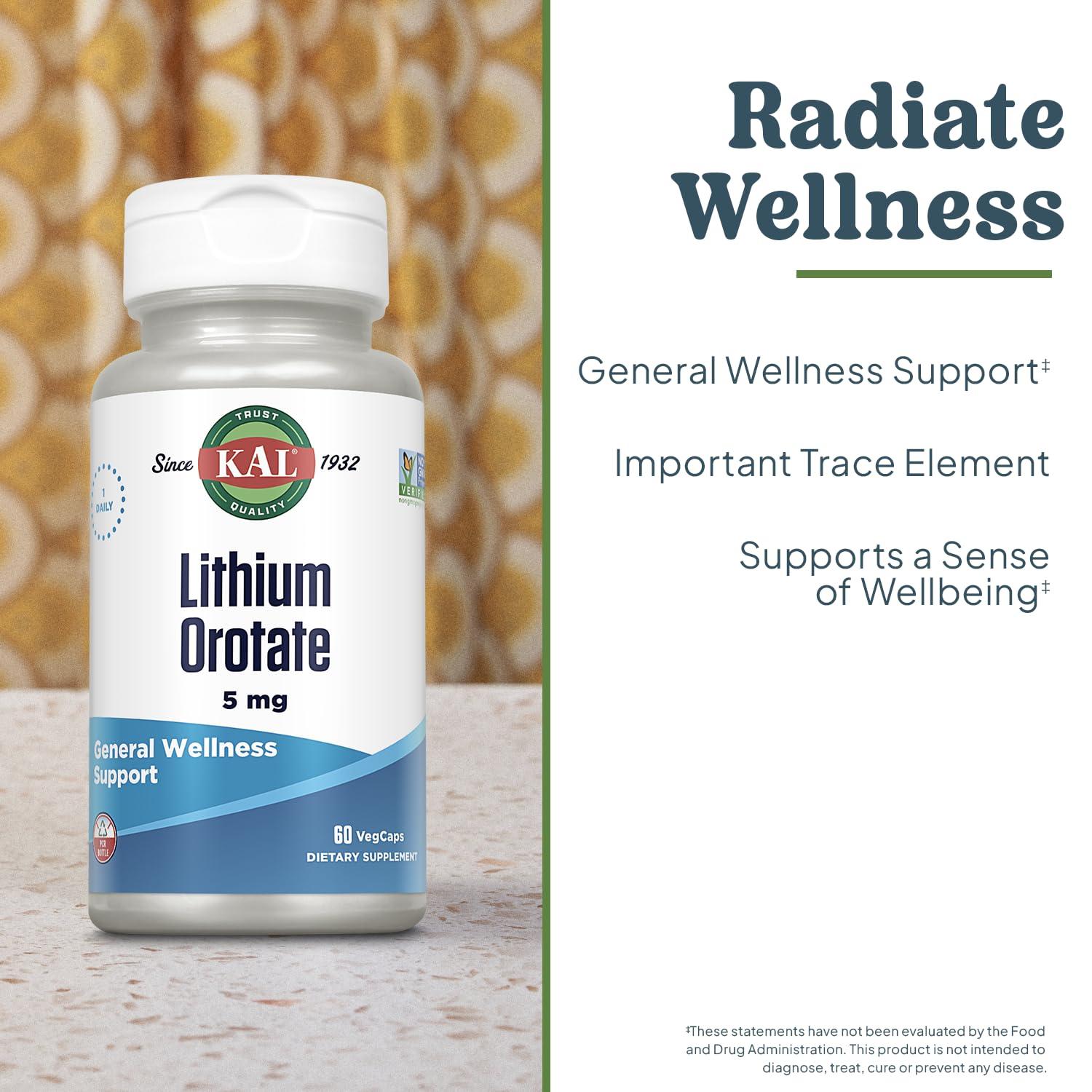 KAL KAL Lithium Orotate 5mg | Low Serving of Chelated Lithium Orotate for Bioavailability & Mood Support | in Organic Rice Bran Extract Base | 60 VegCaps