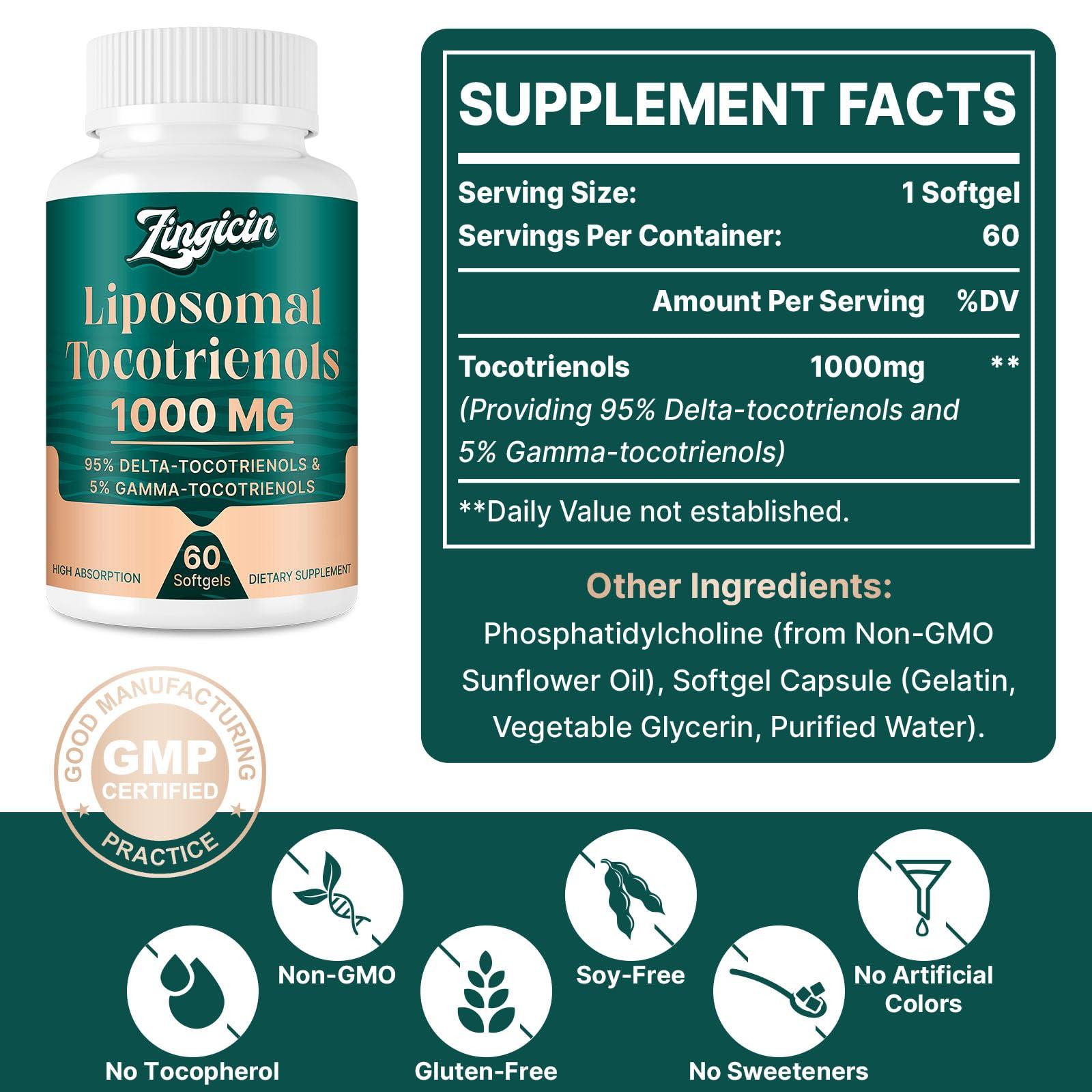 Zingicin Zingicin Vitamin E Tocotrienols - Liposomal Vitamin E Oil 1000mg, Highly Absorbable Delta Tocotrienol and Gamma Tocotrienol for Cardiovascular, Bone Health, and Antioxidant Support, 60 Softgels