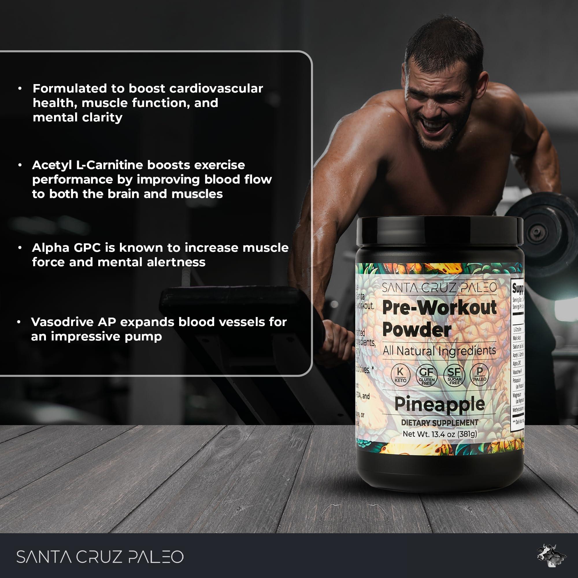 Santa Cruz Paleo Santa Cruz Paleo Pre Workout Powder Electrolytes, Magnesium, Potassium, Sea Salt & L Citrulline, Caffeine & Sugar Free Preworkout Drink Mix for Energy & Hydration, Pineapple Flavor, 30 Servings