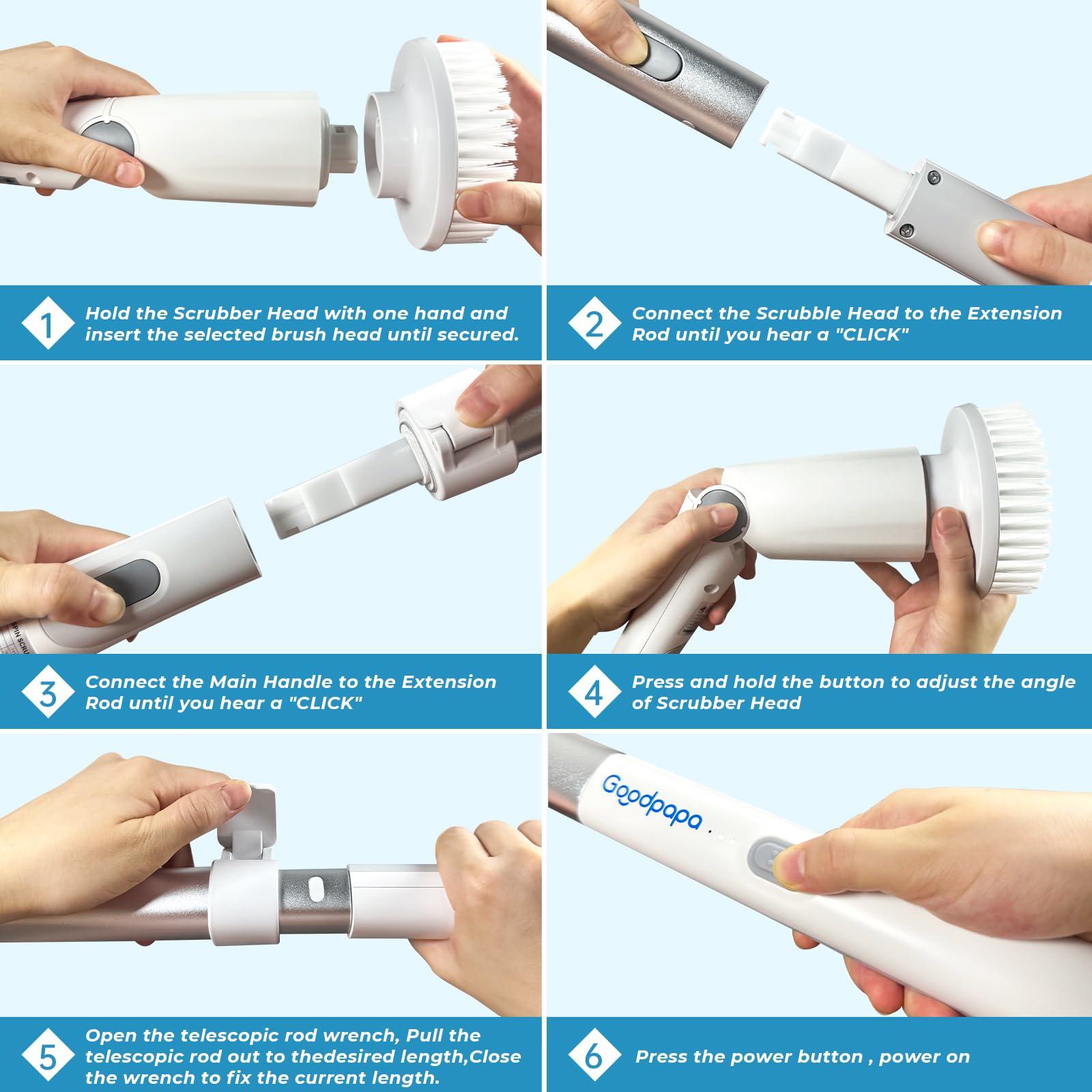 GOOD PAPA Electric Spin Scrubber, Cordless Cleaning Brush with 8 Replaceable Cleaner Brush, Power Shower Scrubber with Long Handle, Electric Scrubber for Cleaning Floor Bathroom Bathtub Tile