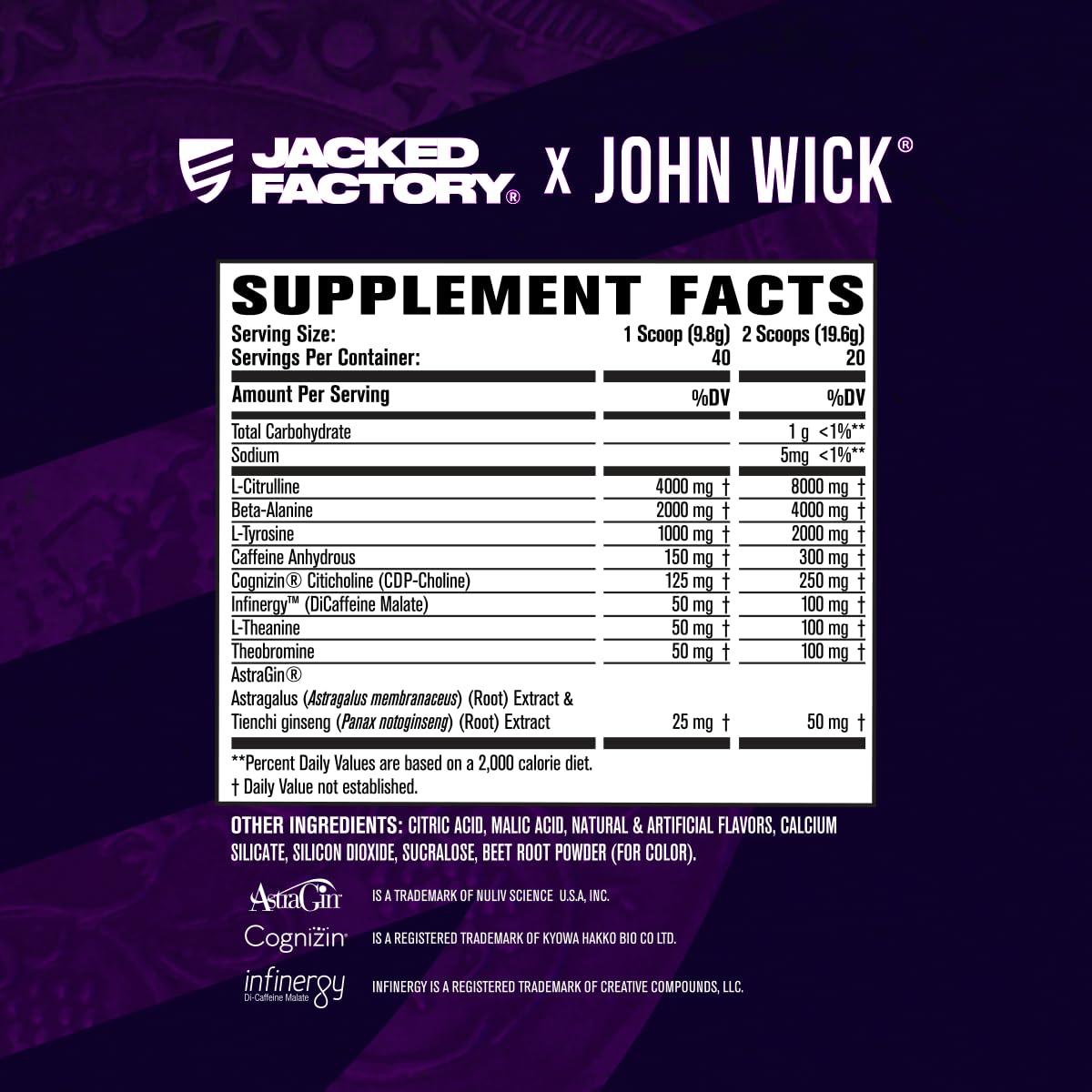Jacked Factory Jacked Factory X John Wick - Wick Mode Pre Workout Powder - Intense Energy, Battle-Ready Focus, Unstoppable Commitment, and Sheer Will - 40 Servings, Osaka Cherry Blossom