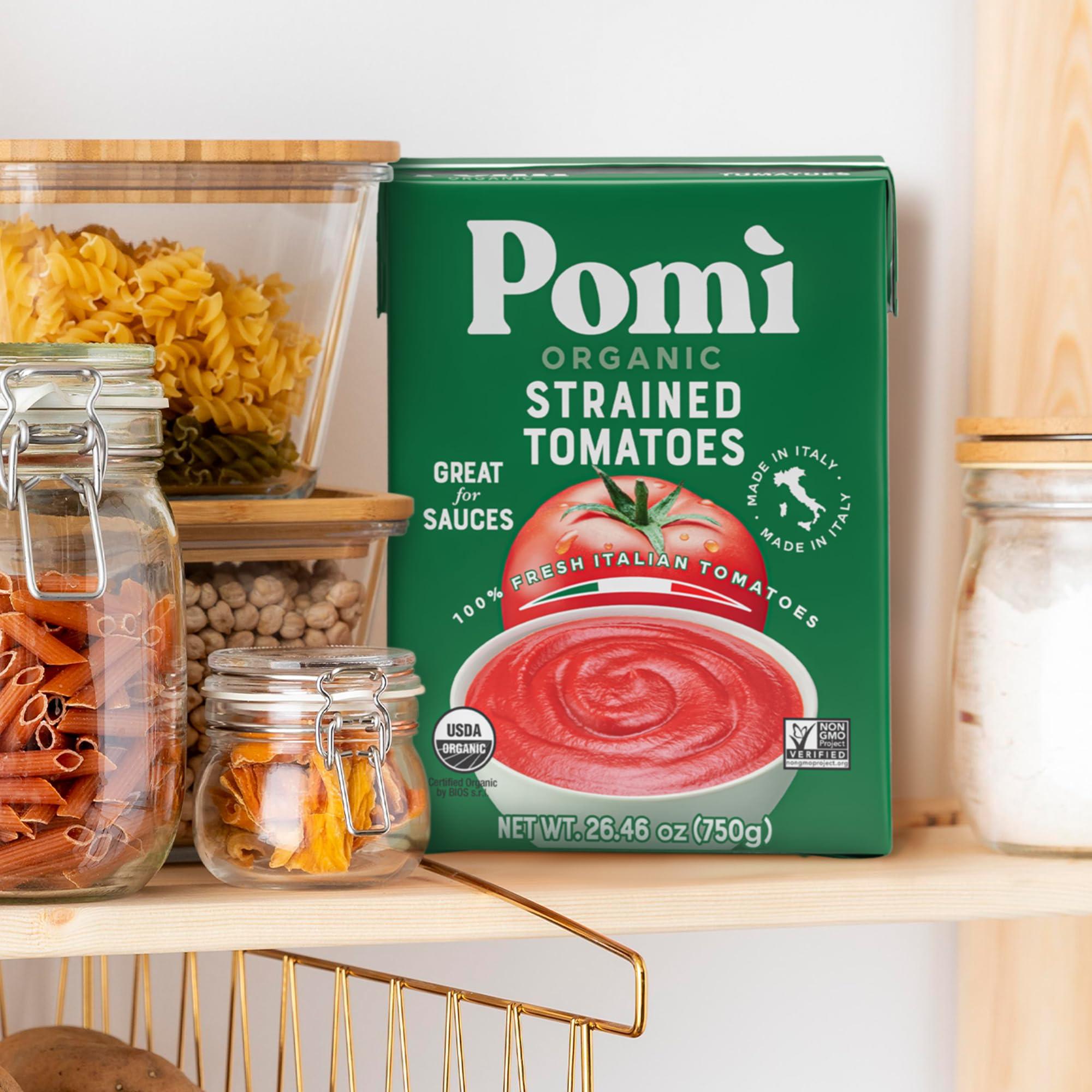 POMI\' Pom Organic Strained Tomatoes - Creamy, Velvety Puree - 100% Fresh Italian Tomatoes, Made in Italy - No additives, Kosher, Non-GMO, USDA Certified Organic - 26.46oz BPA-Free Carton (Pack of 12)