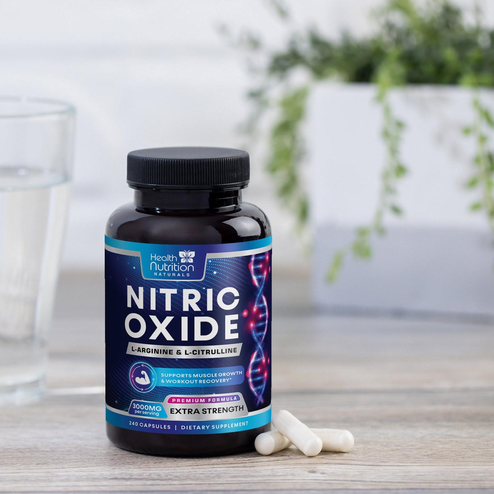 Health Nutrition Naturals Extra Strength Nitric Oxide Supplement L Arginine 3X Strength - Citrulline Malate, AAKG, Beta Alanine - Premium Muscle Supporting Nitric Booster for Energy & Strength to Train Harder - 240 Capsules