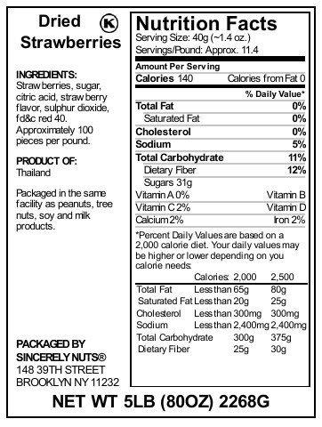 Sincerely Nuts Sincerely Nuts Dried Strawberries (5 LB) Bulk Dried Fruit-Gluten-Free, Vegan & Kosher Snack-Fresh from Thailand -The Perfect Snack for Your Sweet Tooth Craving