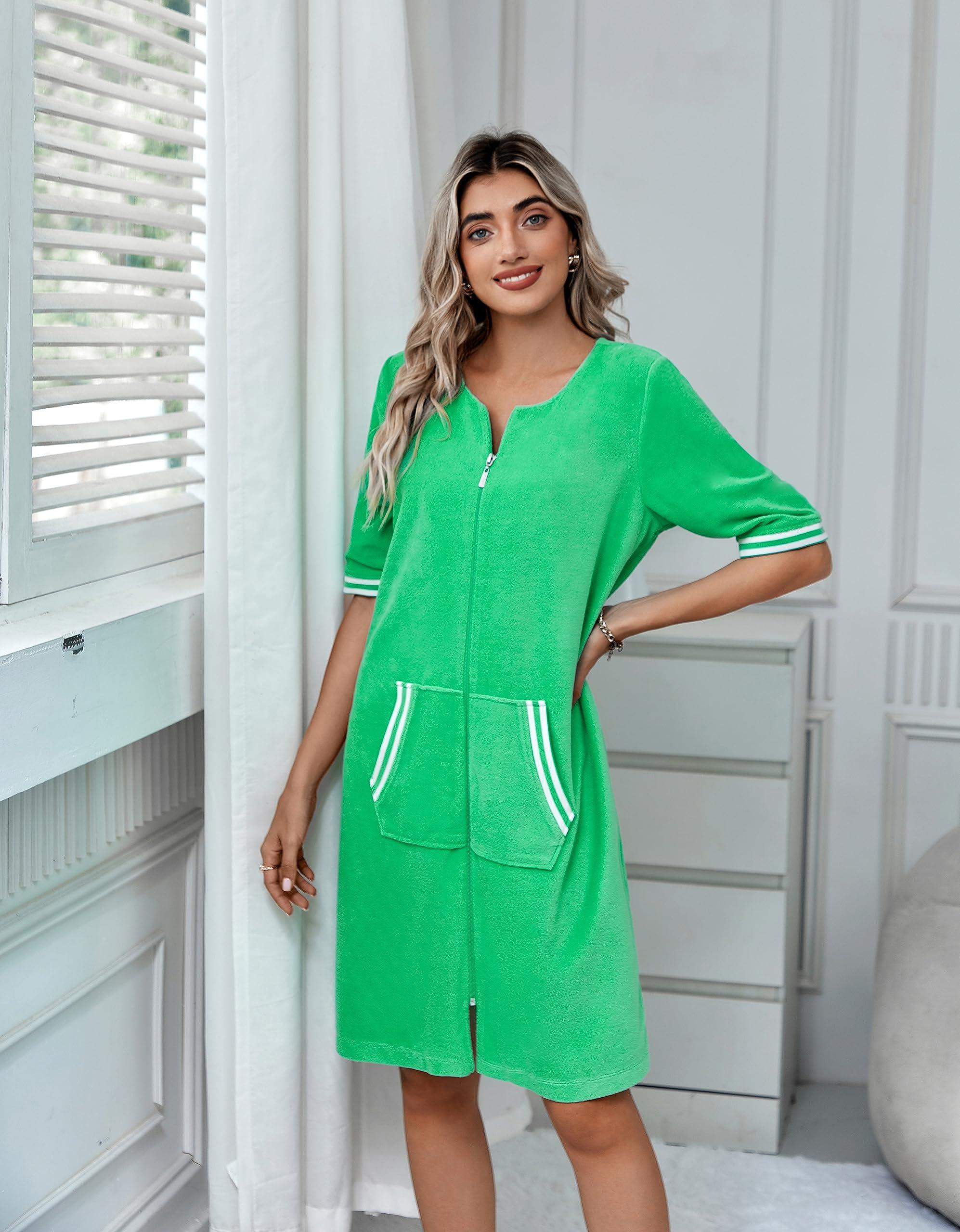 Richie House Richie House RH Housecoat Women Zipper Front Duster Robe 3/4 Lounger Housedress Pocket Nightgown S-3XL RHW4008-C-XL Green