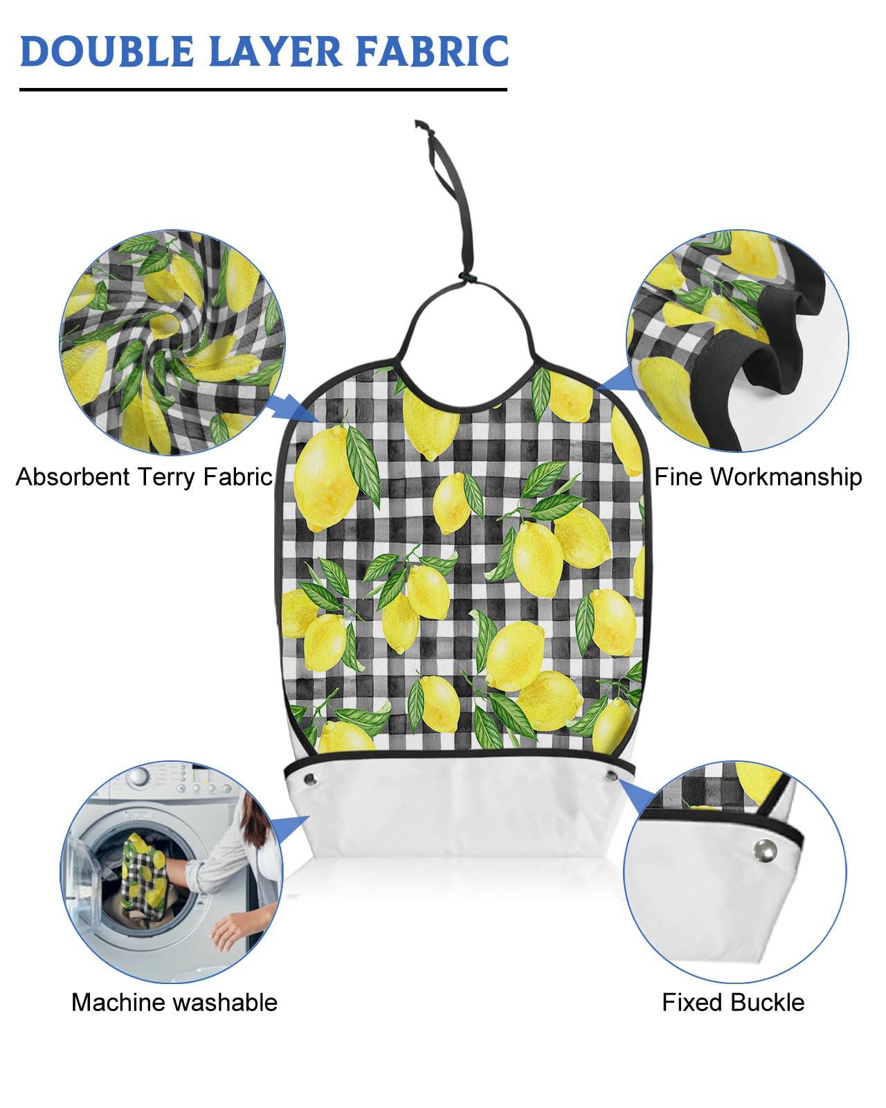 Sabolny Black White Buffalo Plaid Check Adult Bib for Eating with Crumb Catcher,Washable & Waterproof Terry Cloth Adjustable Elderly Women Men Adult Bibs Funny Clothing Protector Summer Lemon Yellow Green