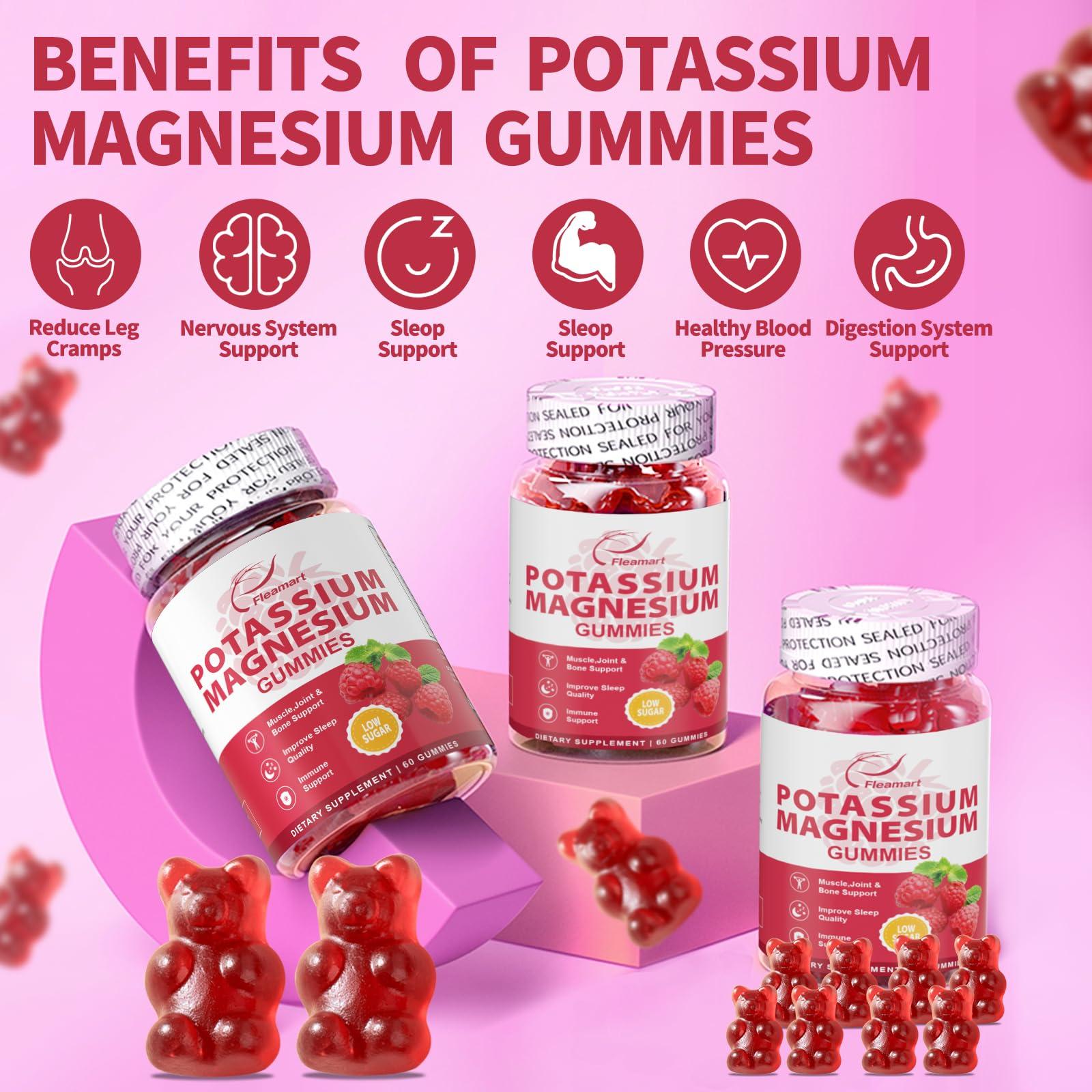 Fleamart Potassium Magnesium Gummies Potassium Citrate 99mg Magnesium Citrate 250mg Magnesium Potassium Complex Supplement, Immune Support, Leg Cramps Muscle Health, 60 Raspberry Gummies 2 Pack