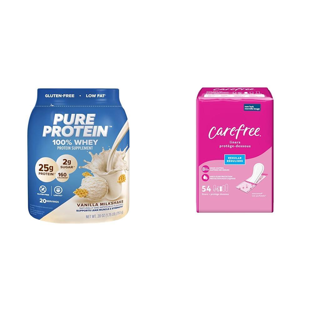 Pure Protein Pure Protein Powder, Whey, High Protein, Low Sugar, Gluten Free, Vanilla Cream, 1.75 lbs & Carefree Panty Liners, Regular Liners, Wrapped, Unscented, 54ct (Packaging May Vary)