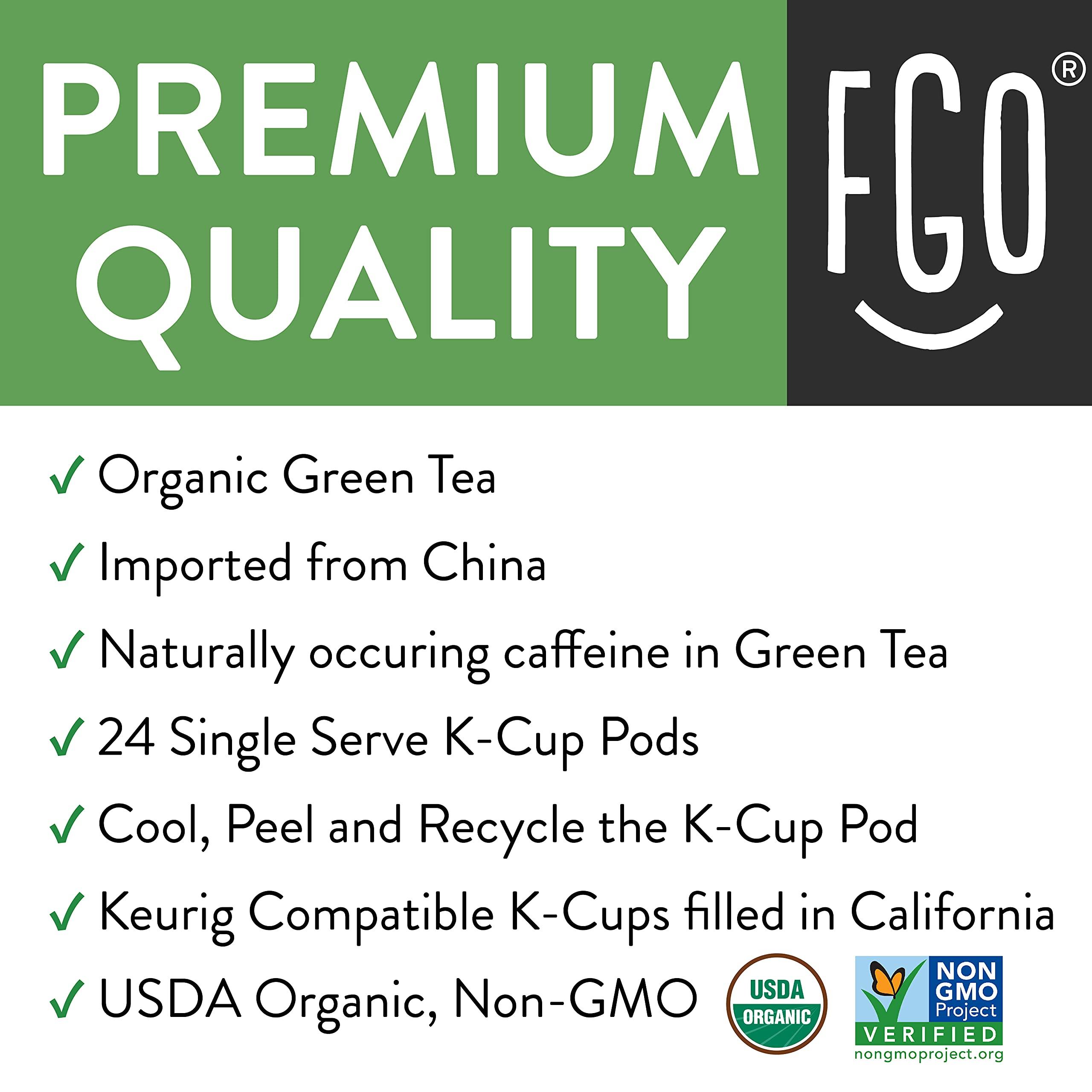 FGO FGO Organic Green Tea K-Cup Pods for Keurig, 24 Count (Pack of 1), Premium Green Tea is USDA Organic, Non-GMO, & Recyclable with Naturally Occurring Caffeine