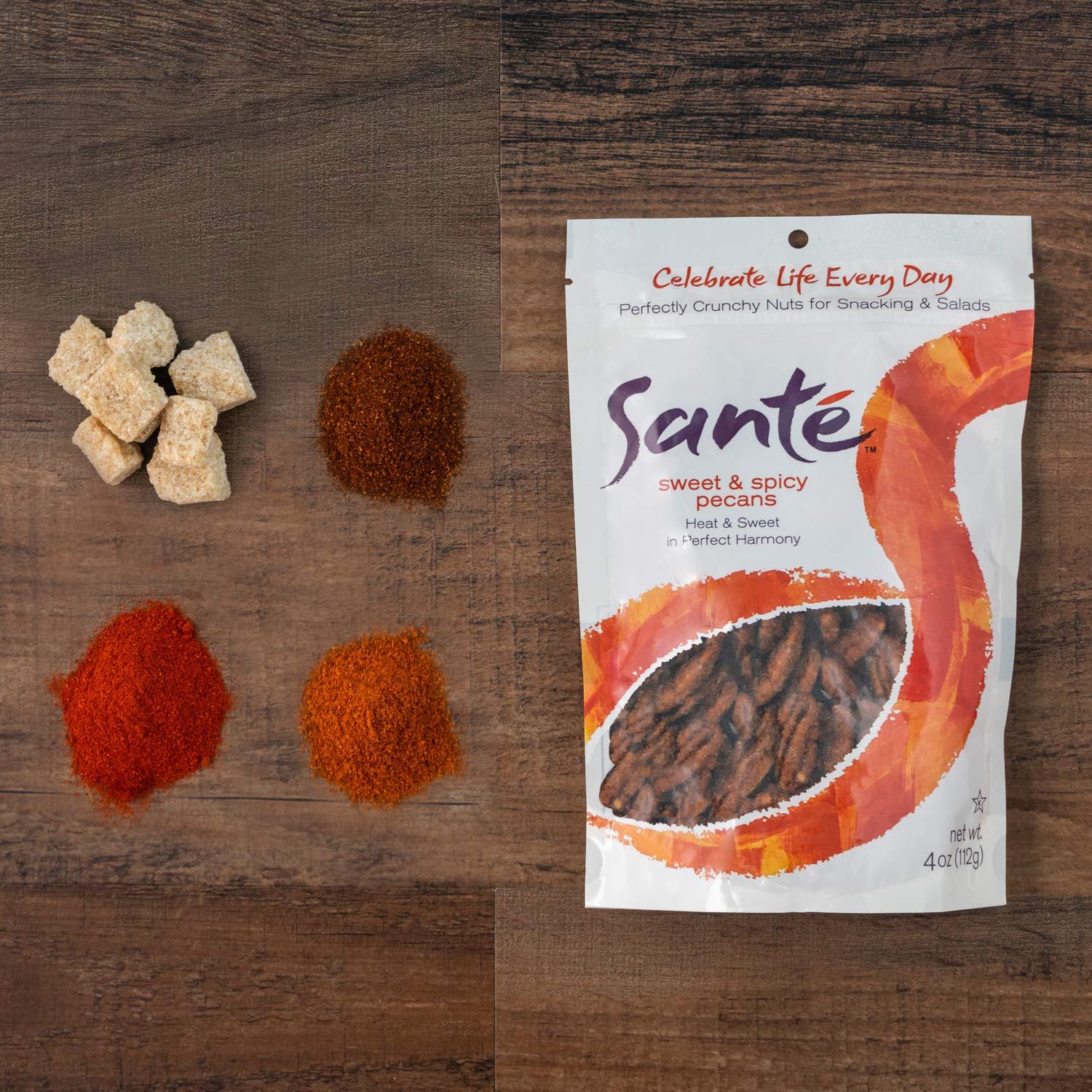 Sante Sante Sweet and Spicy Pecans | Gourmet Seasoned Nuts | All Natural, non-GMO | Gluten Free, Peanut Free | 6 Pack of 4 Ounce Resealable Bags