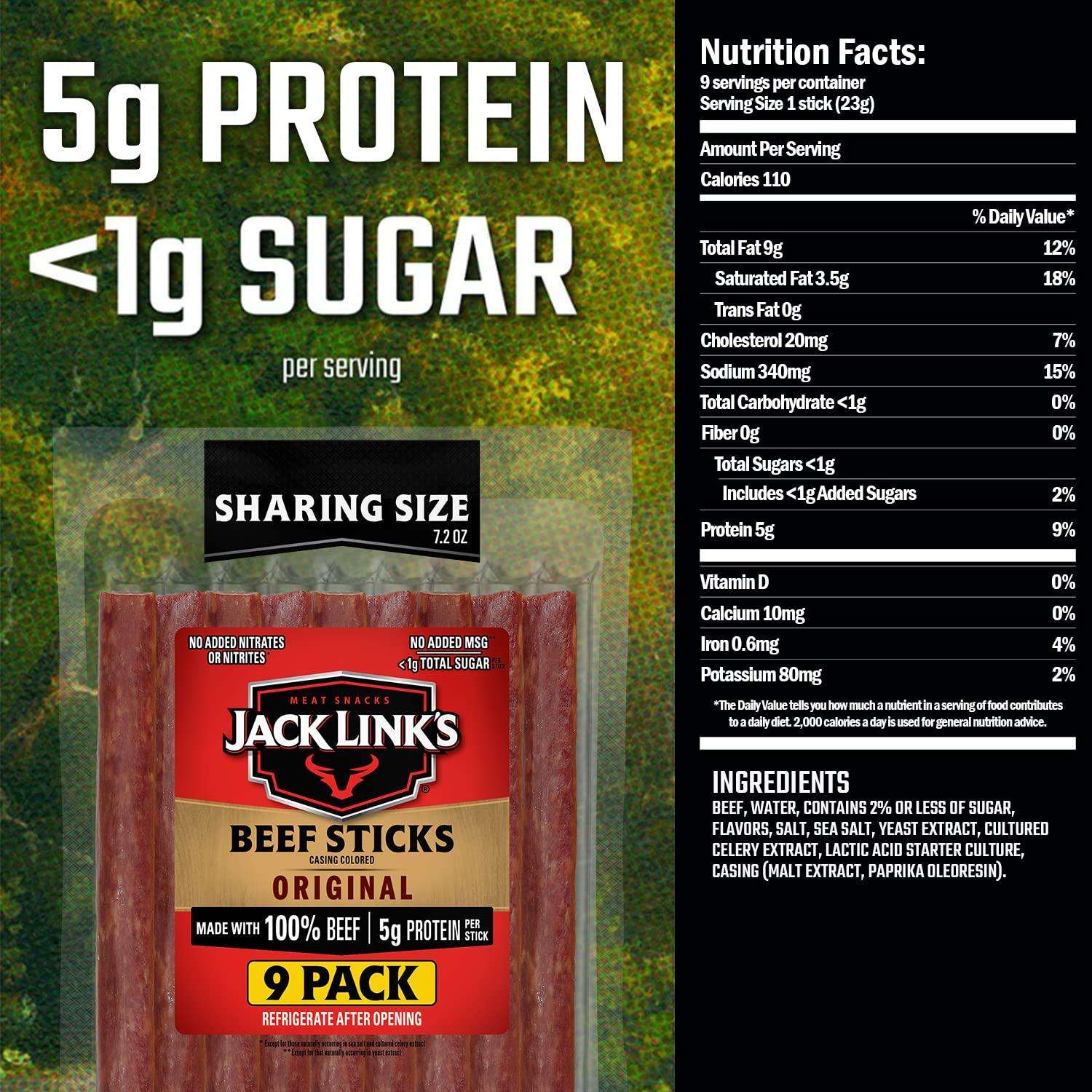Jack Link's Jack Link's Beef Sticks, Original – Protein Snack, Meat Stick, Made with 100% Beef, No Added MSG** – 7.2 Oz.