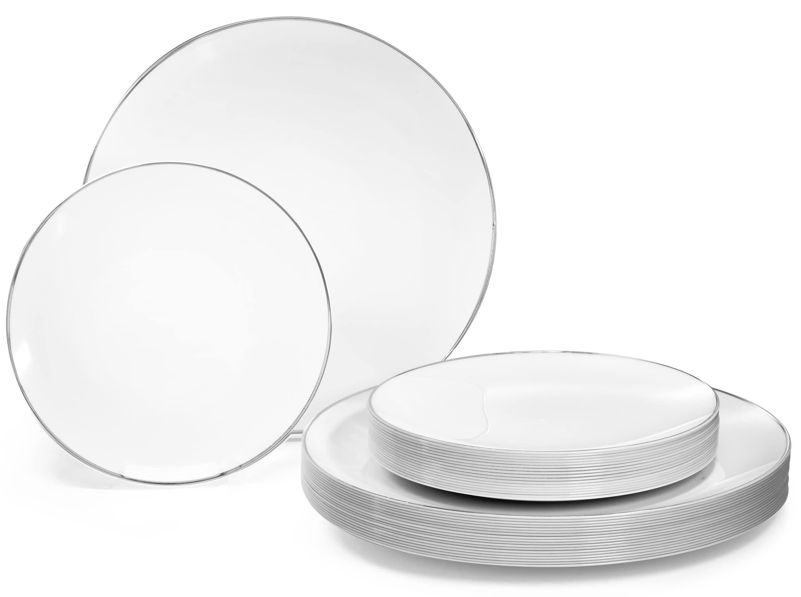 OCCASIONS FINEST PLASTIC TABLEWARE " OCCASIONS " 50 Plates Pack (25 Guests)-Wedding Party Disposable Plastic Plate Set -25 x 10.25'' Dinner + 25 x 7.5'' Salad & Dessert plates (Bali in White & Silver)
