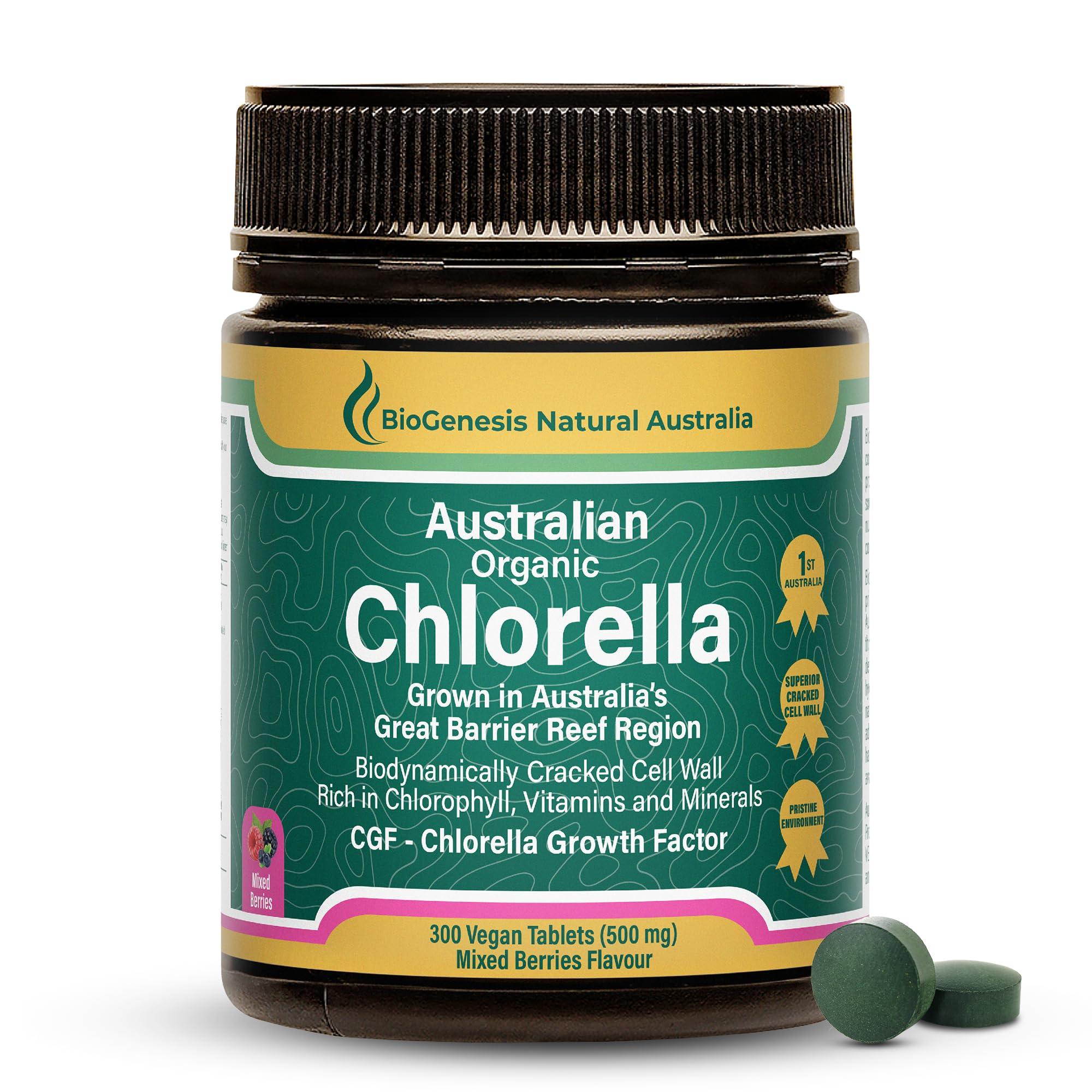 Biogenesis Organic Chlorella Tablets, Australian | Advanced BioDynamic Cracked Cell Wall | Chlorophyll-Rich, Vitamins, Minerals, Chlorella Growth Factor | Supports Good Health | Vegan Tablets (Mixed Berry, 300)