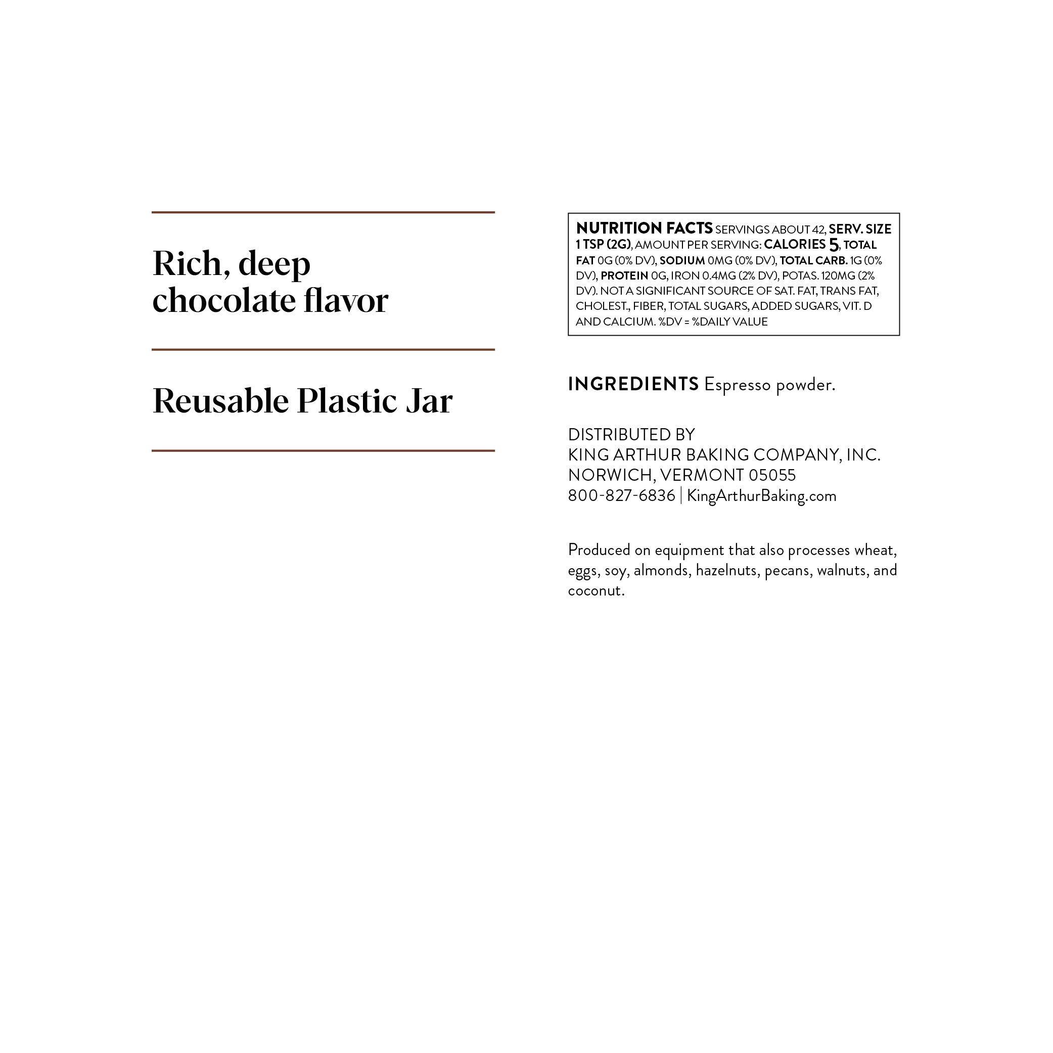 King Arthur King Arthur Espresso Powder: Premium Baking Extract for Rich Chocolate Flavoring, 3 oz Reusable Jar, Kosher Certified - Enhance Your Desserts with Instant Coffee Intensity