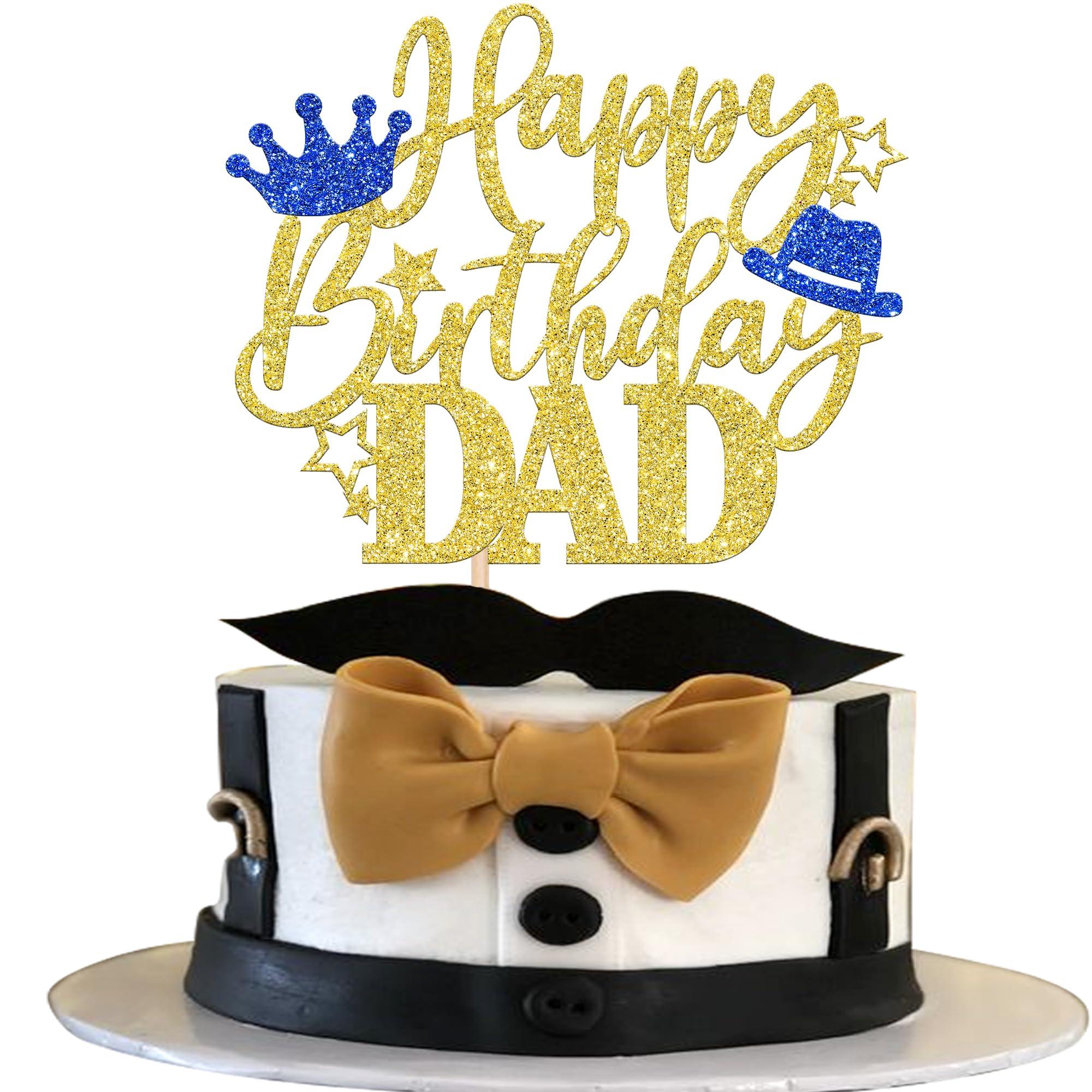 Rsstarxi Rsstarxi 1 Pack Happy Birthday Dad Cake Topper with Glitter Crown Hat Love Father Best Dad Birthday Cake Pick for Happy Father's Day Theme Dad Birthday Party Cake Decorations Supplies Gold
