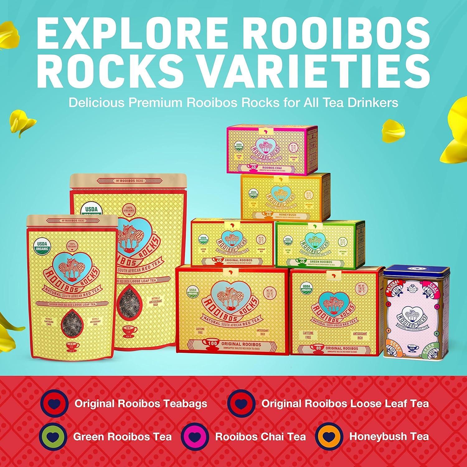 Rooibos Rocks Naturally Sweet Organic Rooibos Tea - 8 oz Premium Loose Leaf Rooibos Tea Caffeine-Free and Sugar Free Red Rooibos Tea Organic Low-Tannin and Antioxidant-Rich Rooibos Tea Loose Leaf