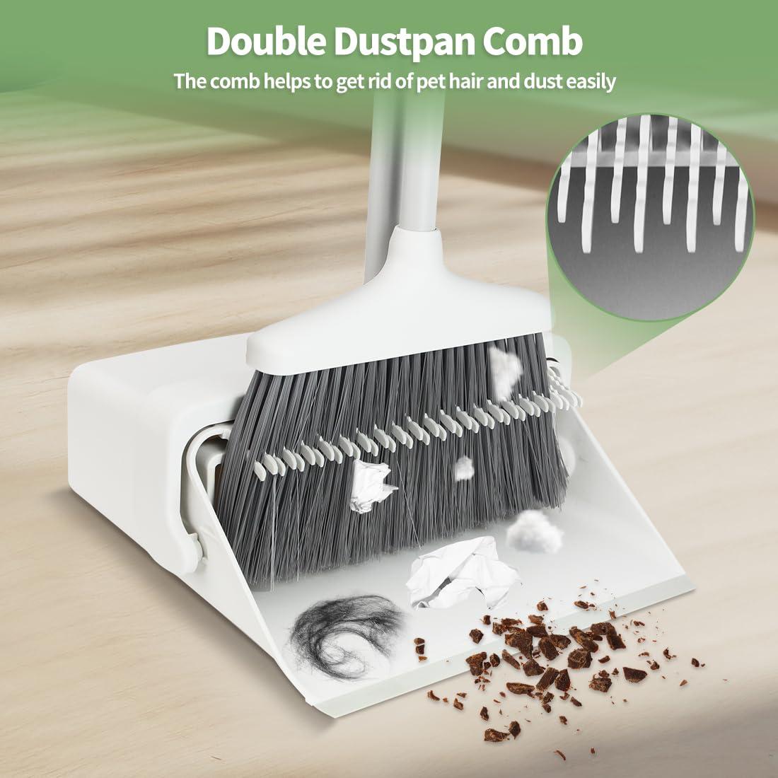 CQT CQT Broom and Dustpan Set with Handle, Brush and Dustpan Set for Home Kitchen Cleaner Floor Sweeping Upright Stand Up Dust pan Cleans Combo (White)