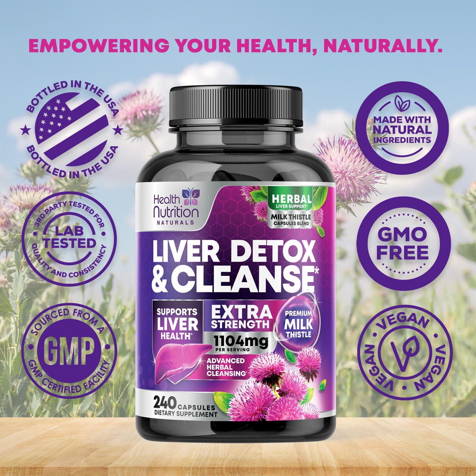 Health Nutrition Naturals Gentle Liver Cleanse Detox & Repair Formula - Herbal Liver Support Supplement: Milk Thistle with Silymarin, Artichoke Extract, Dandelion, Beet, Chicory Root, & Turmeric for Liver Health - 240 Capsules