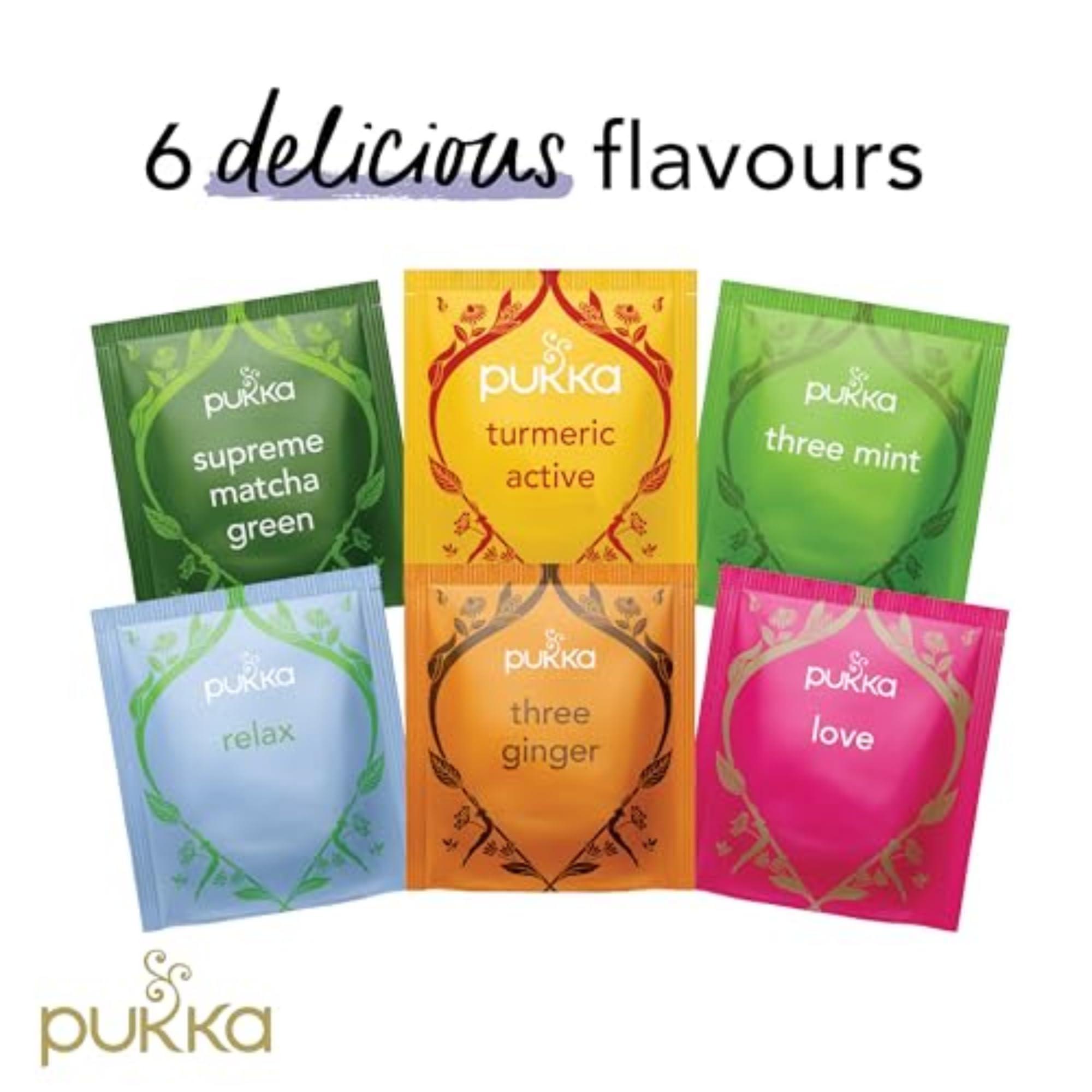 Pukka Pukka Tea Organic, Herbal Tea Sampler For Everyday Wellness, Best for Birthdays, Anniversaries & Holidays, Caffeine Free, 90 Bags, 6 Flavors