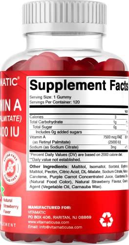 Vitamatic Vitamatic Sugar Free Vitamin A 25000 IU Gummies (Retinyl Palmitate) - Natural Strawberry Flavor - 120 Pectin Based Gummies (1 Bottle)